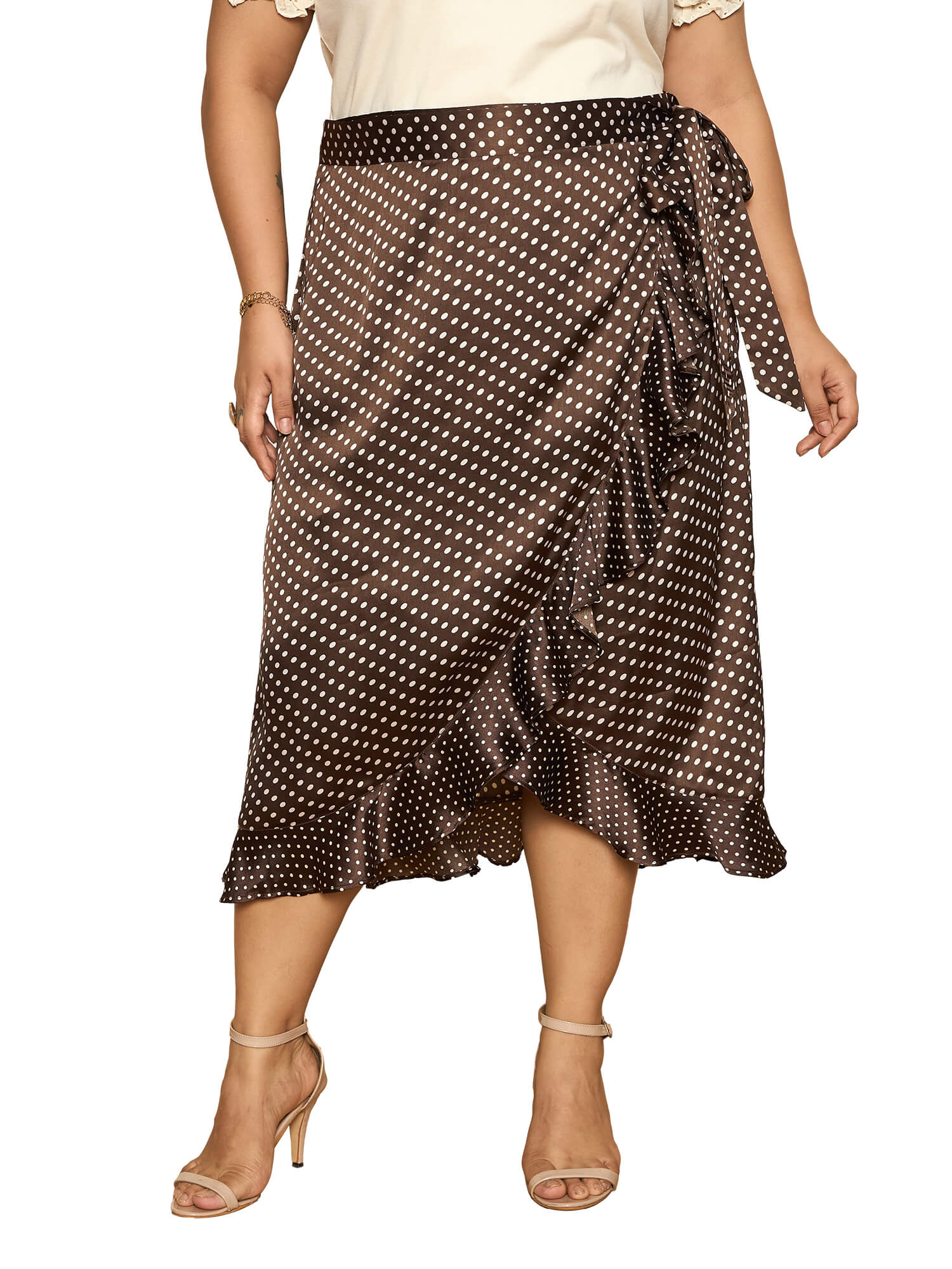 LB-Betty Ruffle Detail Wrap Skirt-Brown/Ecru