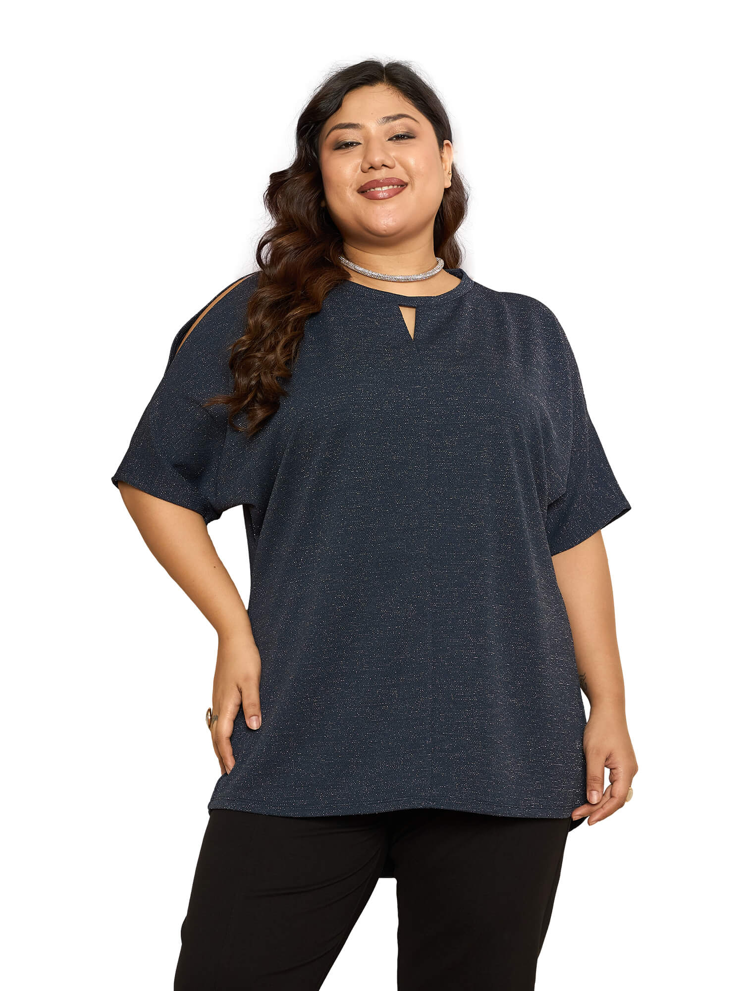 LB-Sally Cold Shoulder Dolman Sleeve Top-Navy