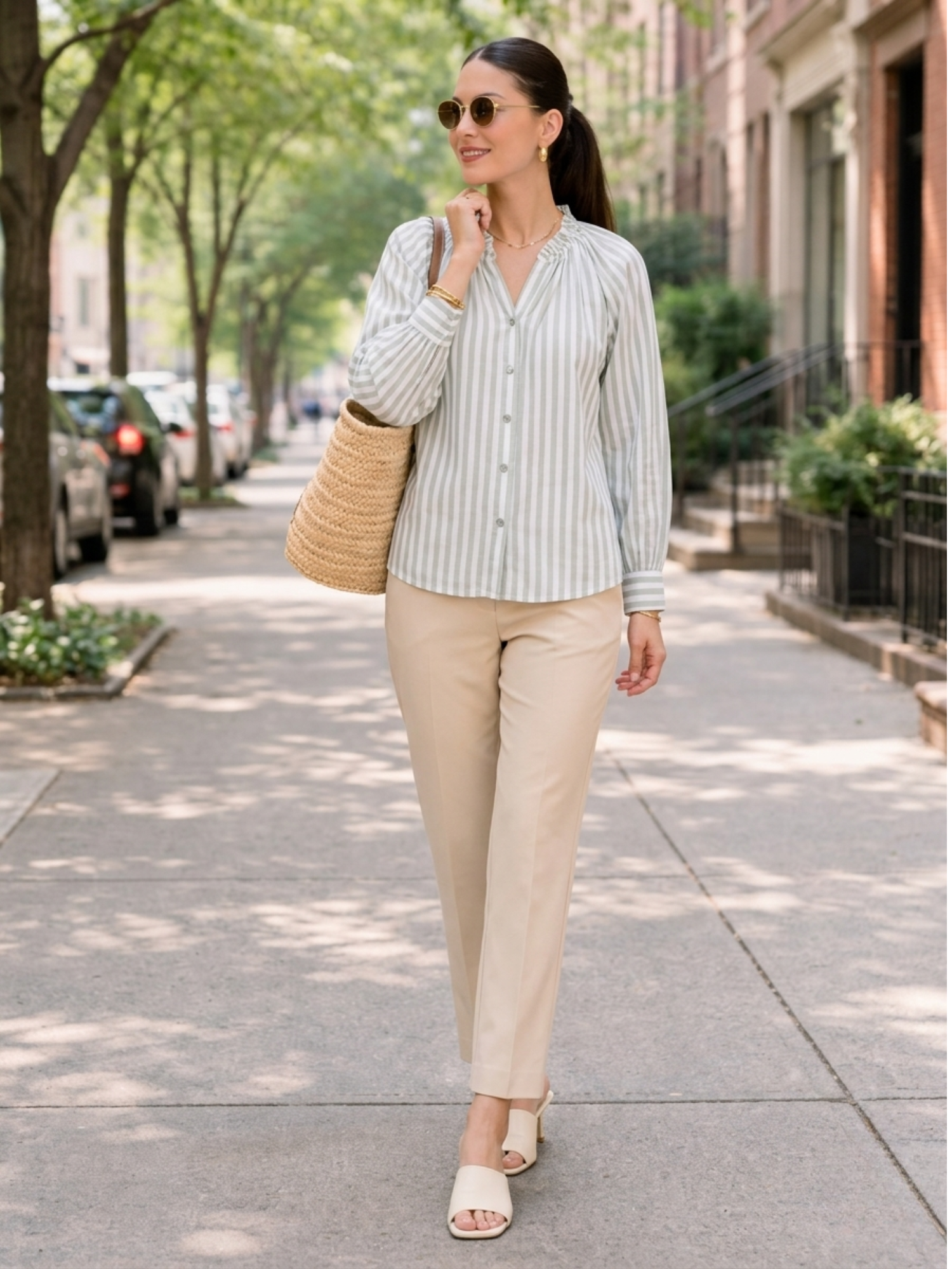 Ambril Relaxed Fit Buttondown Top-Green&White