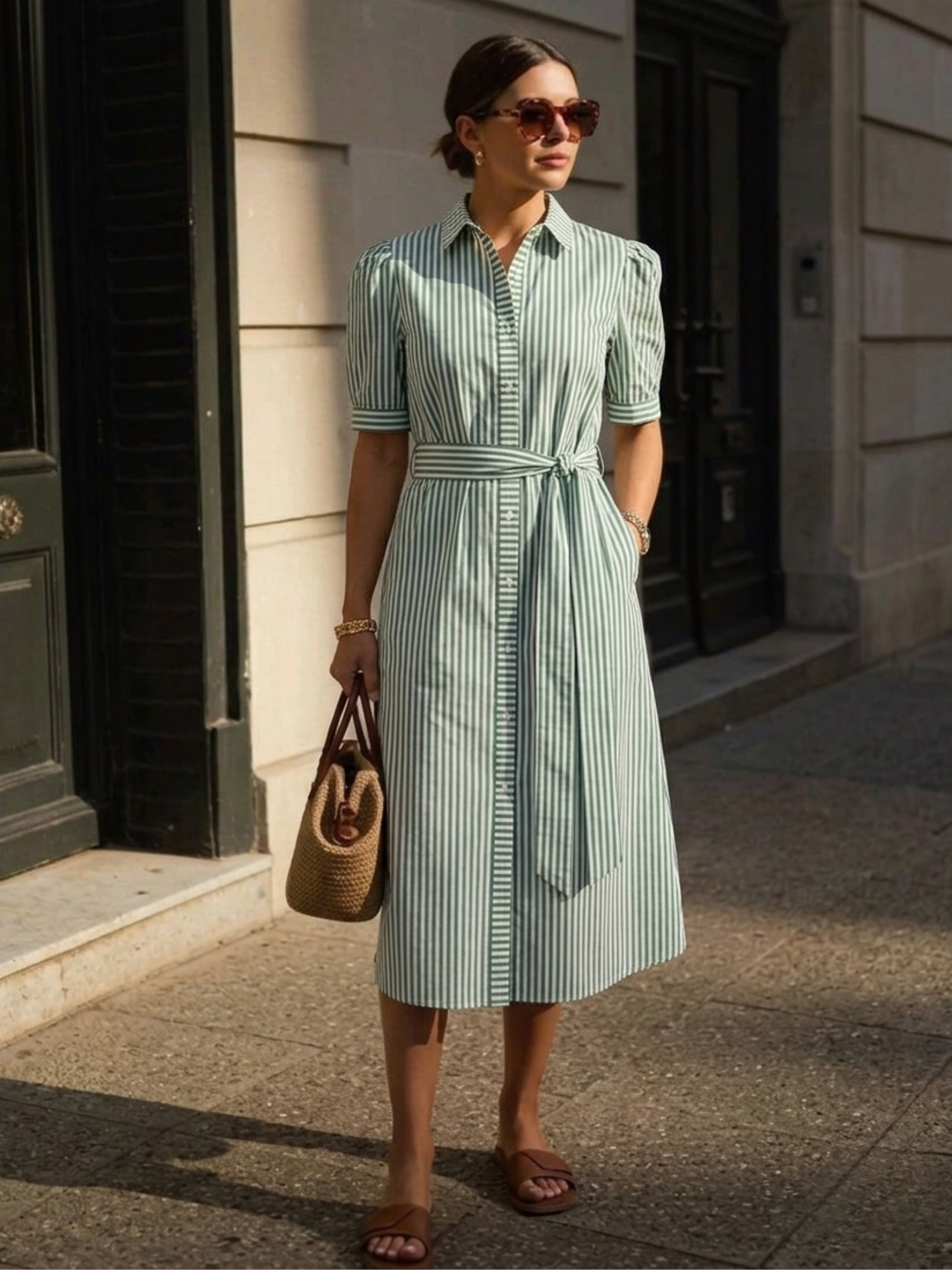 Alune Puff Sleeve Shirt Dress-Green&White