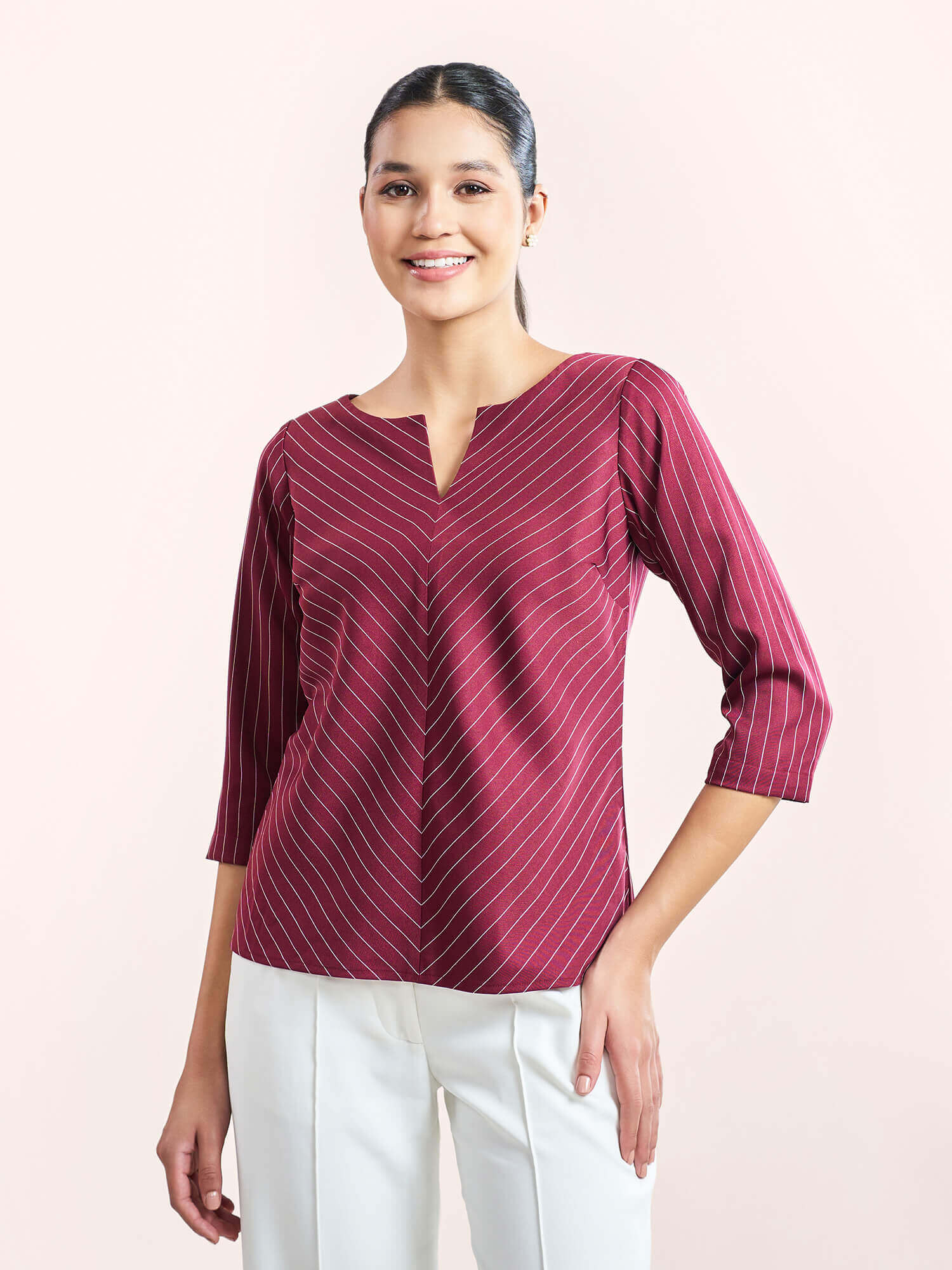 Askew-Maroon Striped V-Neck Slit Top - Maroon & White