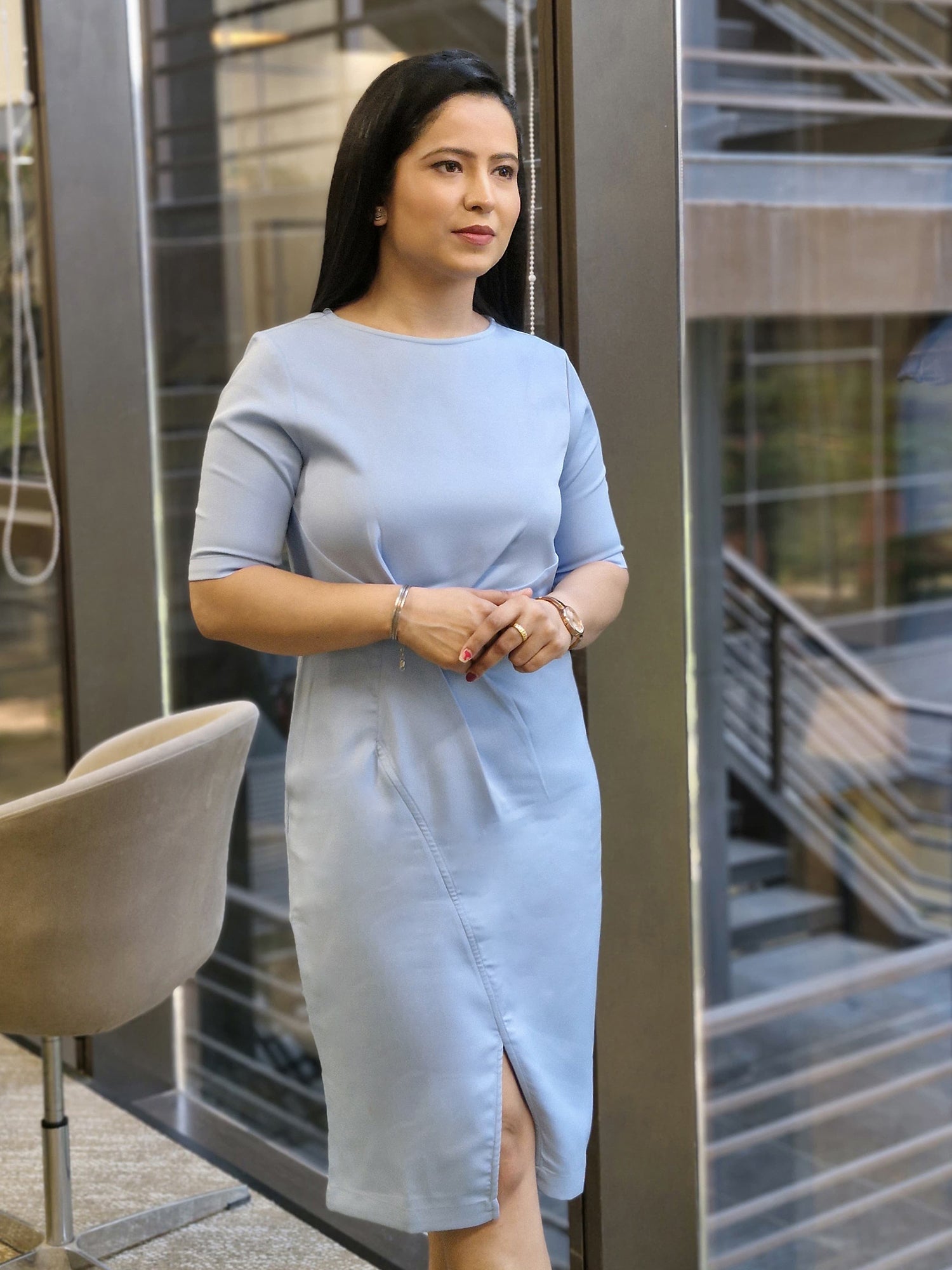 Aspiring Draped Sheath Dress - Sky Blue