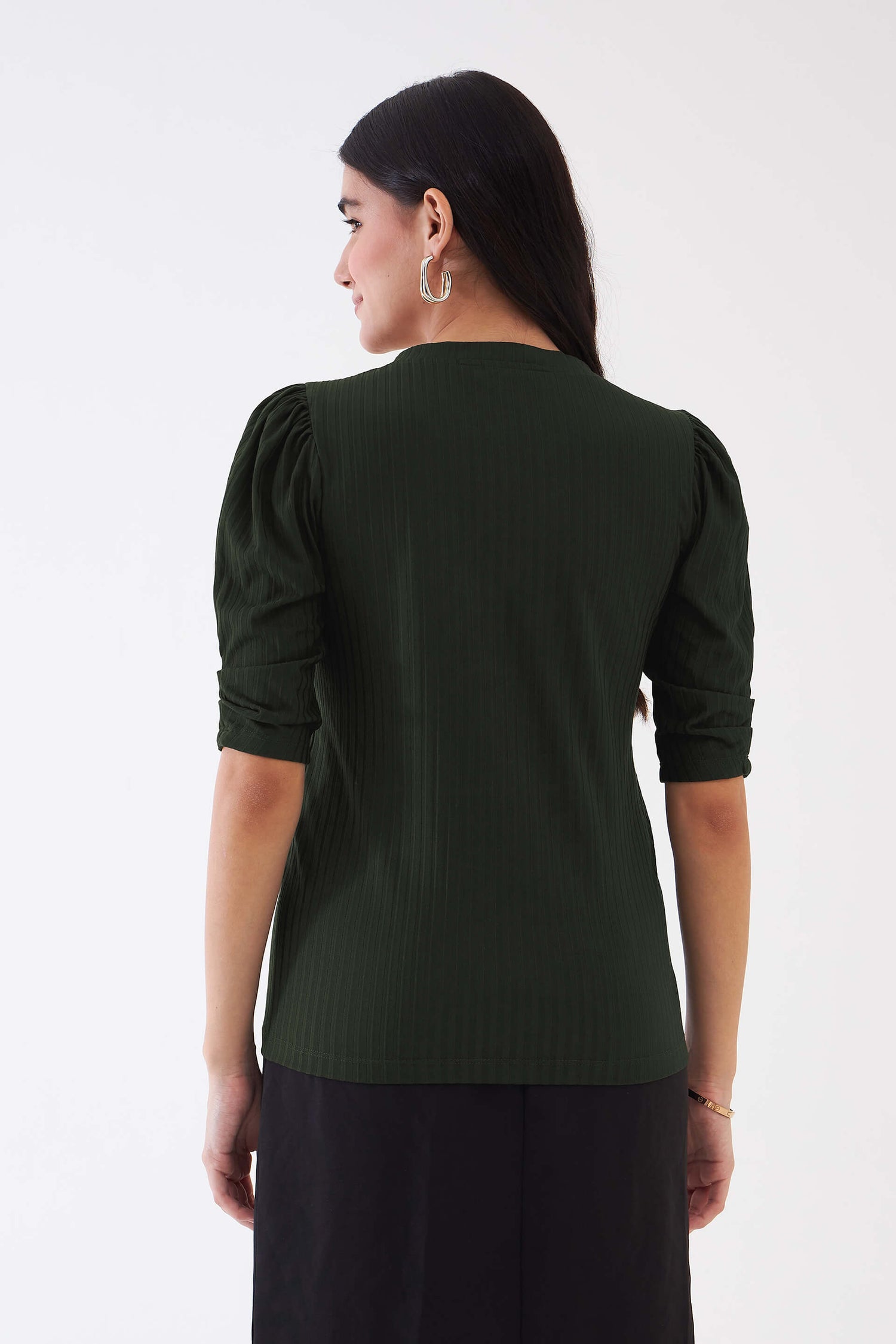 Hallie Rib Knit Puffed Sleeves Top - Olive Green