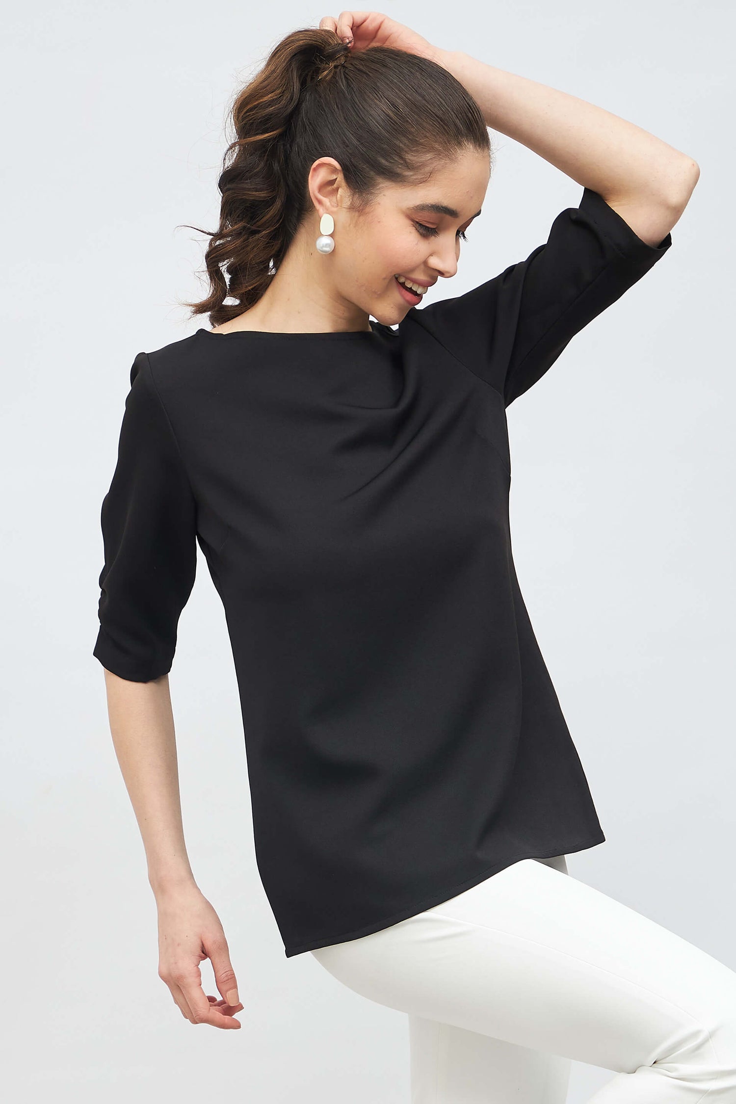 Judicious Ruched Sleeve Top - Black