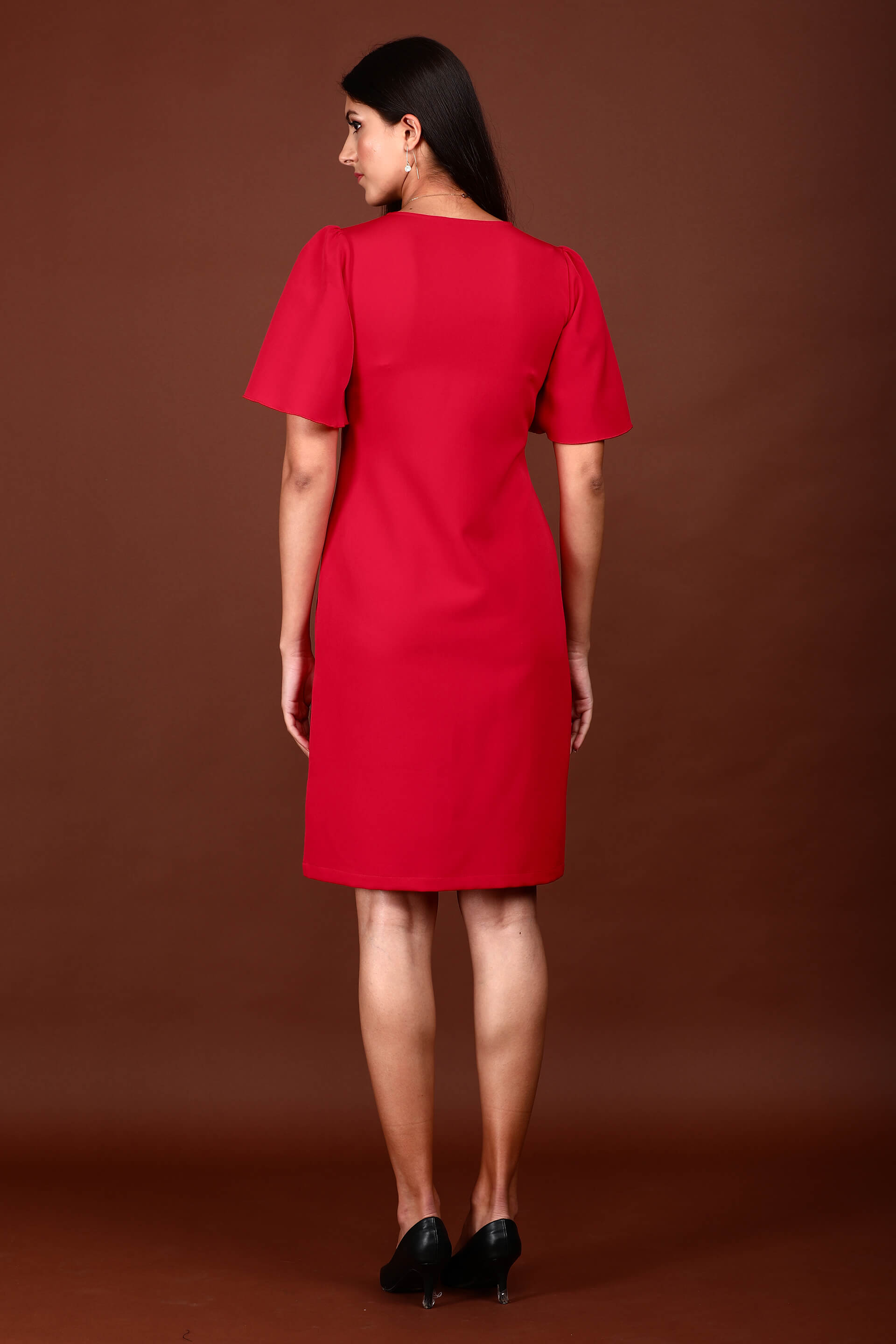 Evelyn Formal-Casual Flutter Sleeve Shift Dress - Red