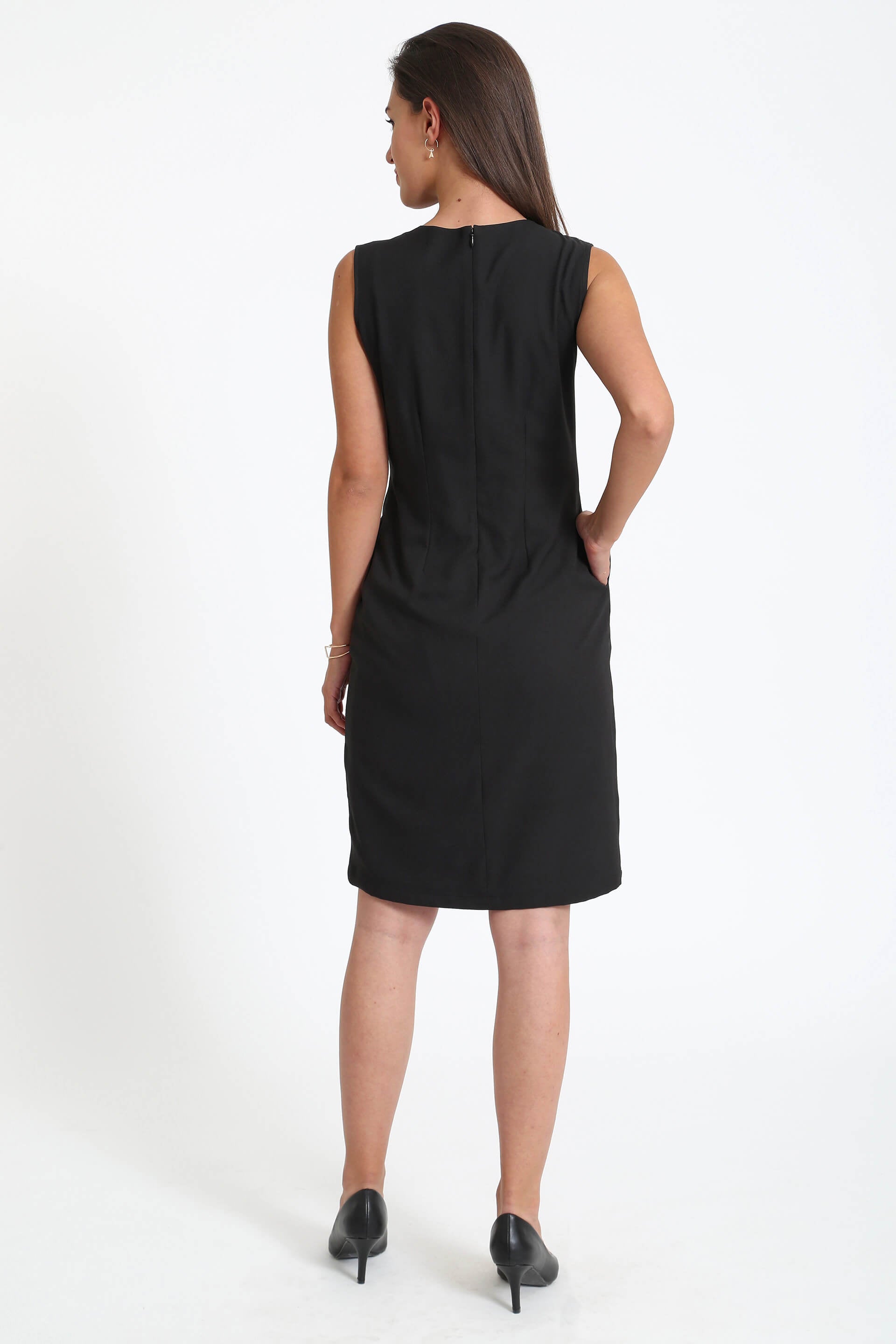 Punctual-Black V-Neck Multipanel Basic Dress - Black