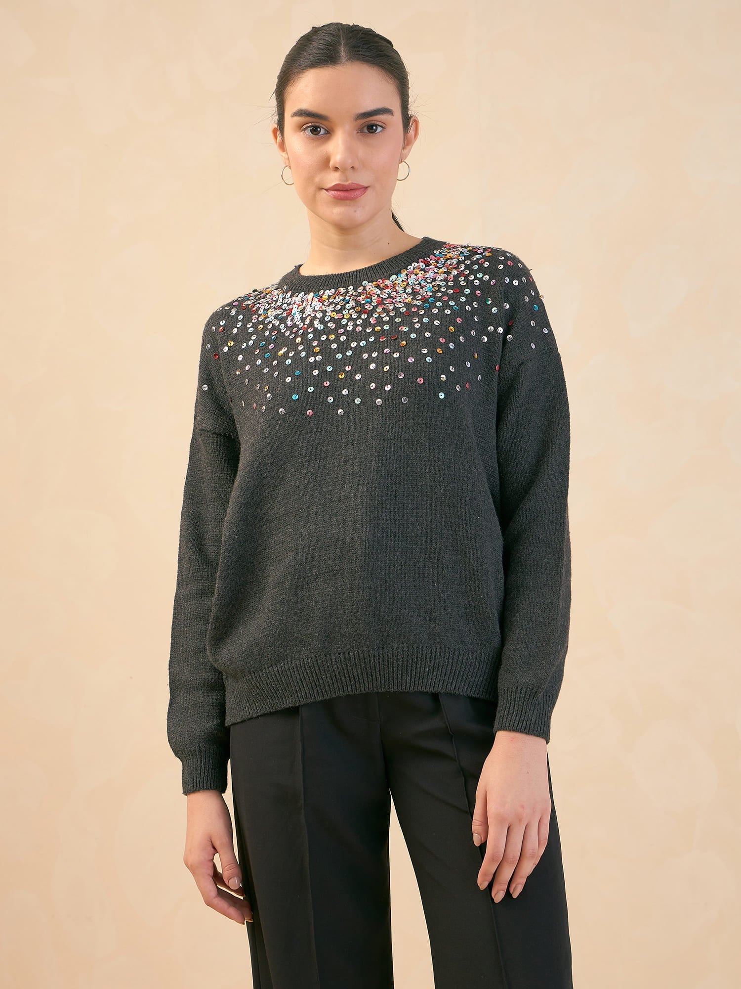Estella Sequin Embellished Sweater - Dark Grey