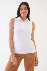 Sylvia Polo Rib Knit Top - White