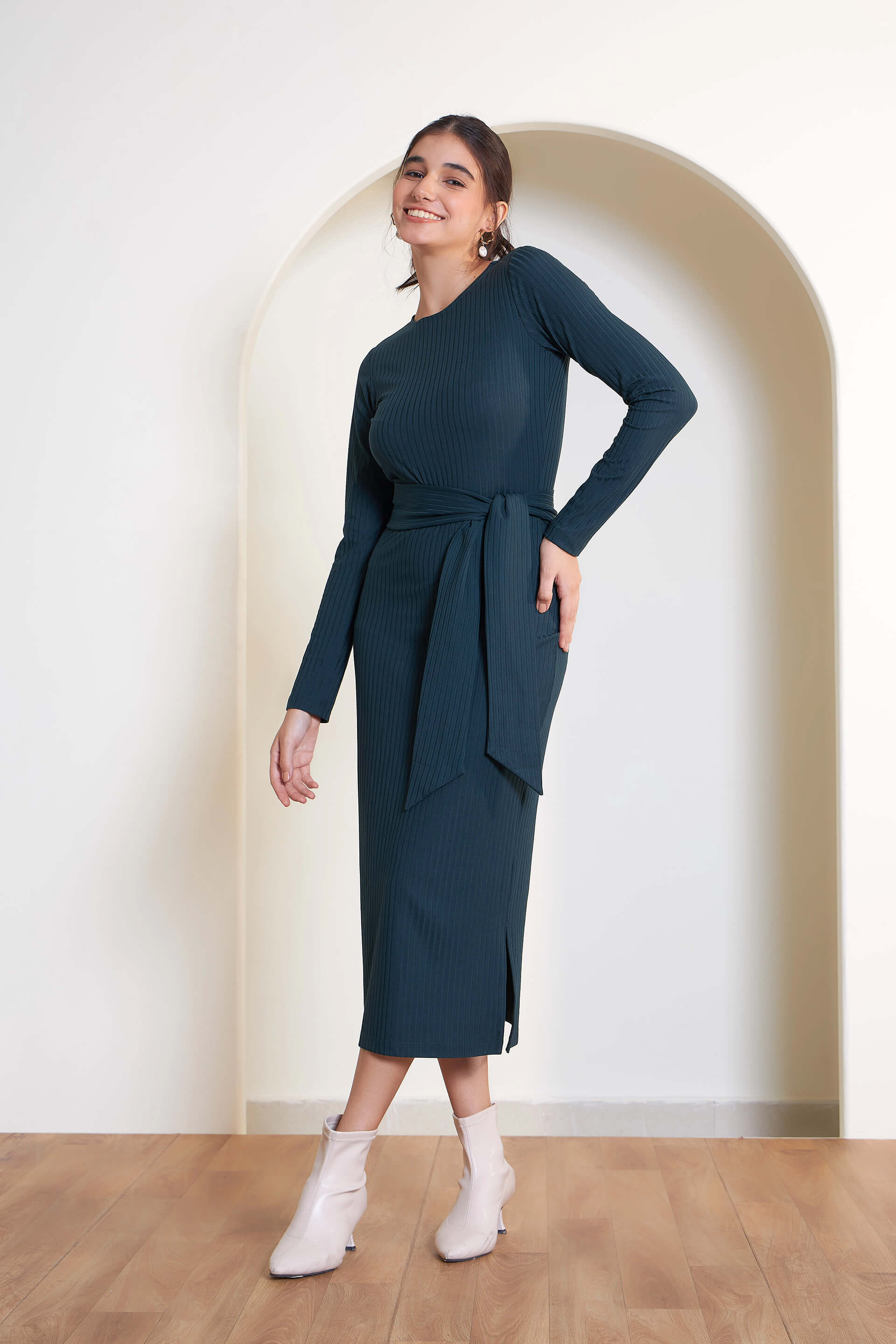 Agnes Longline Rib Knit Dress - Dark Green