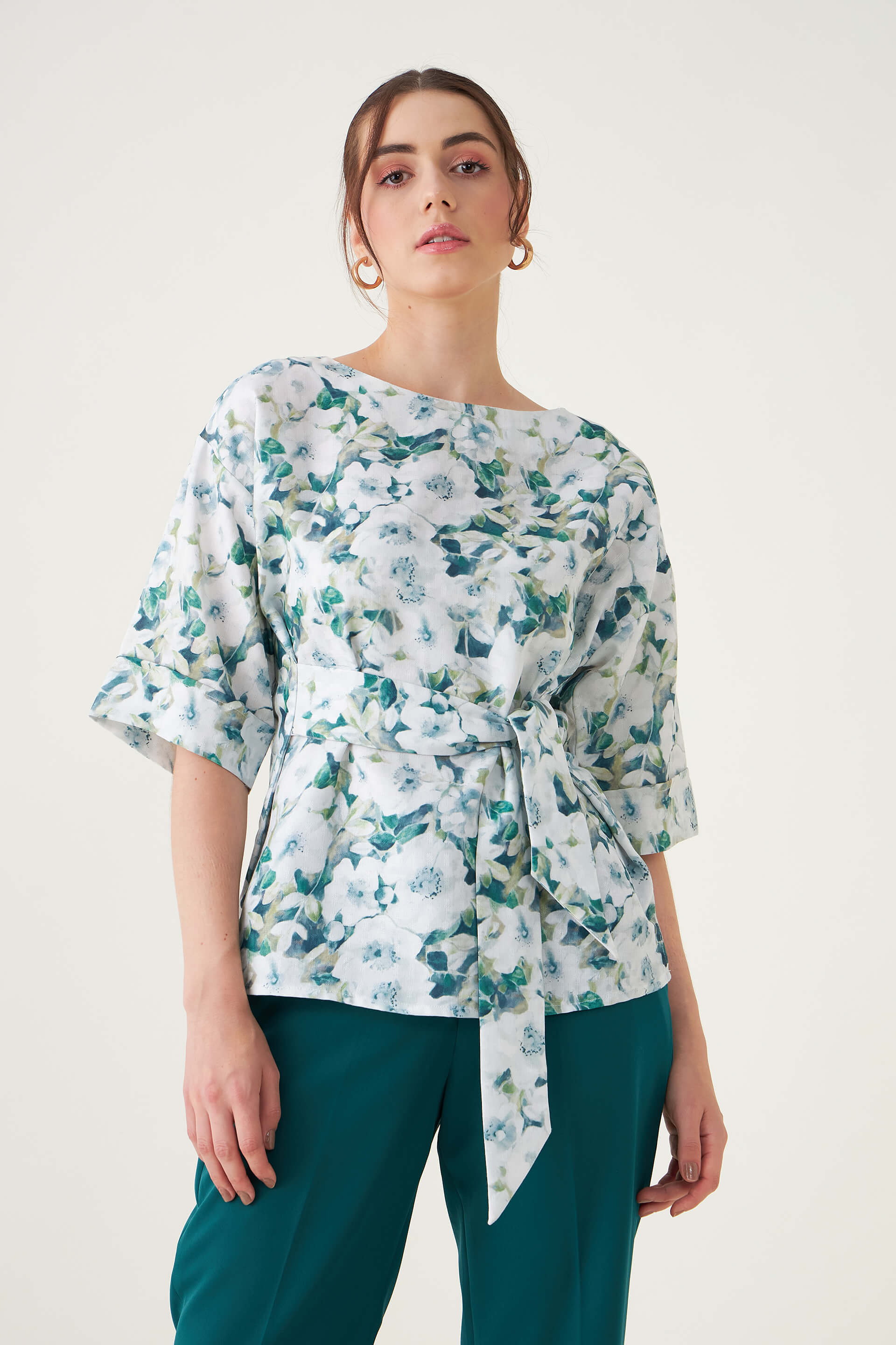 Pixie Floral Belted Top - Green/White