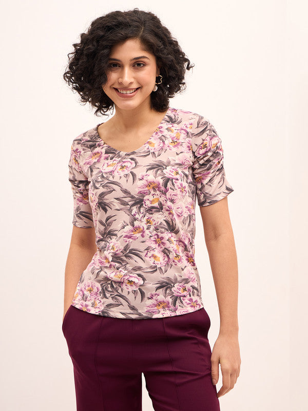 Leisure Floral Ruched Sleeves T-Shirt - Multicolor