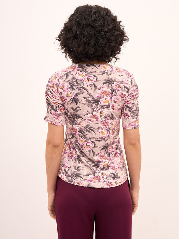 Leisure Floral Ruched Sleeves T-Shirt - Multicolor