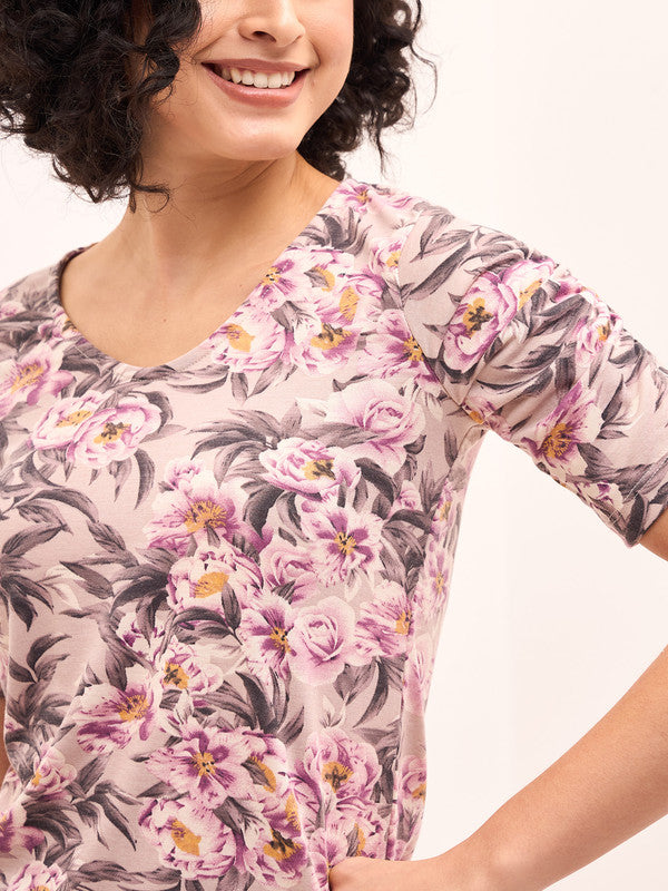 Leisure Floral Ruched Sleeves T-Shirt - Multicolor