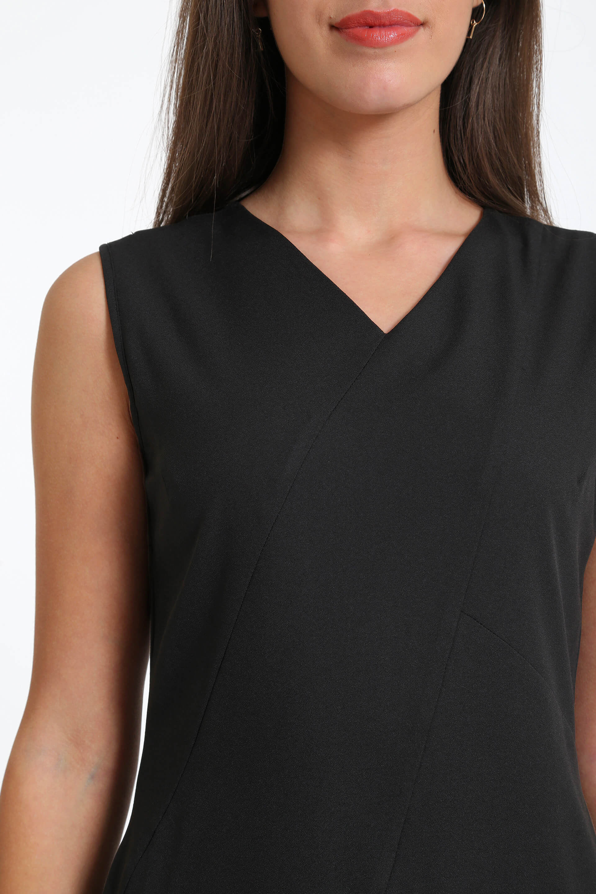 Punctual-Black V-Neck Multipanel Basic Dress - Black