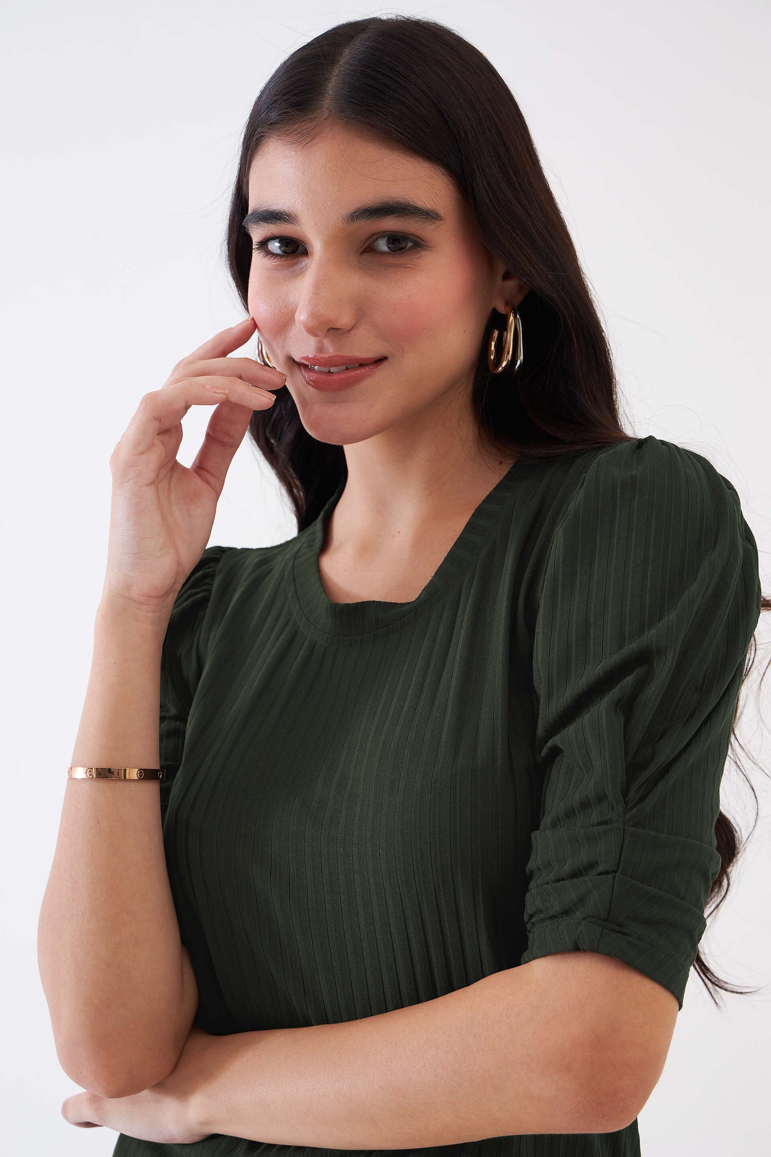 Hallie Rib Knit Puffed Sleeves Top - Olive Green
