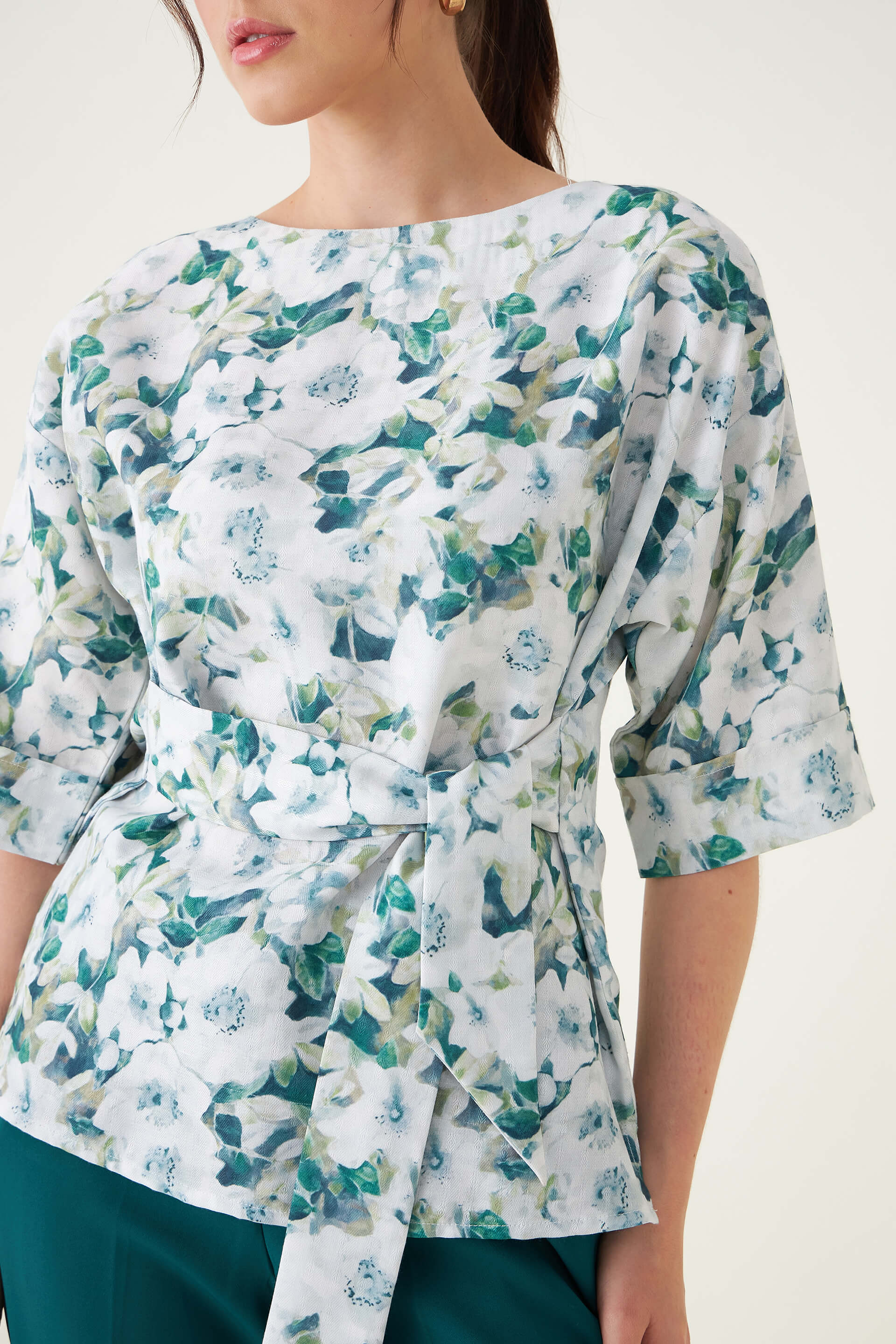 Pixie Floral Belted Top - Green/White