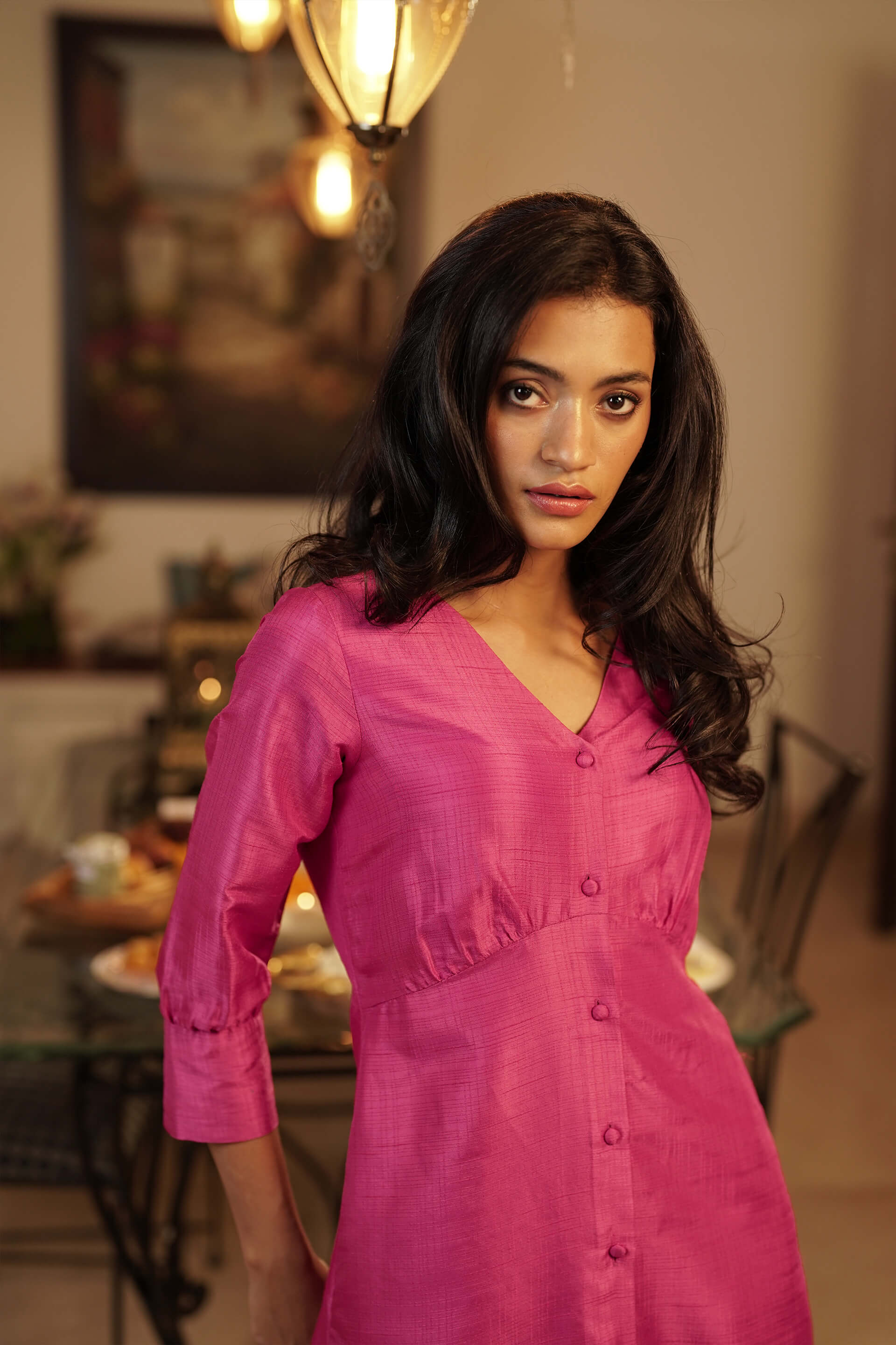 Anaari Button Down Dress - Bright Pink