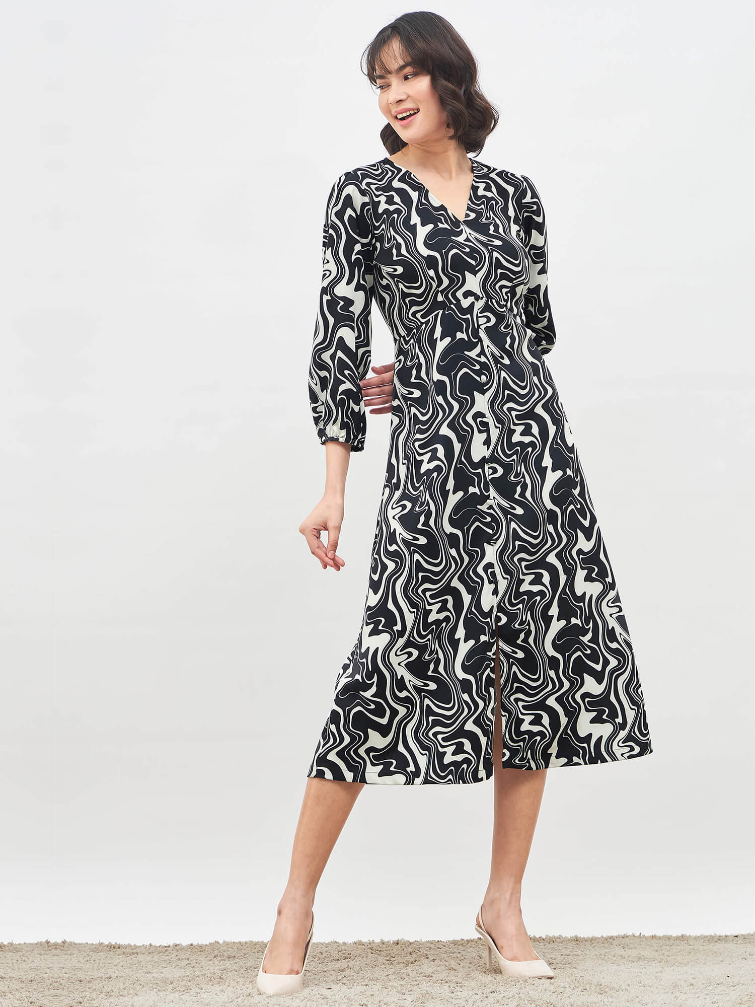 Mirage Printed Faux Button Midi Dress - Black/White