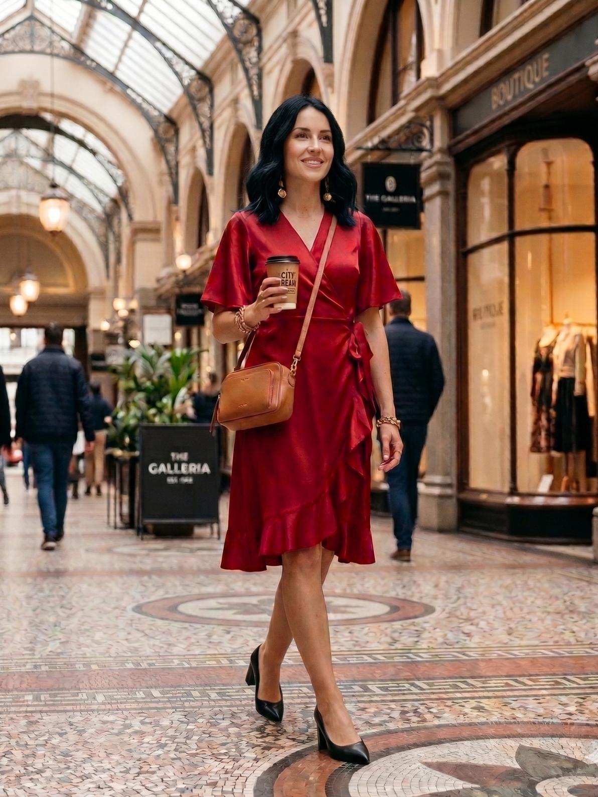 Mitsy Ruffle Detail Wrap Dress-Red