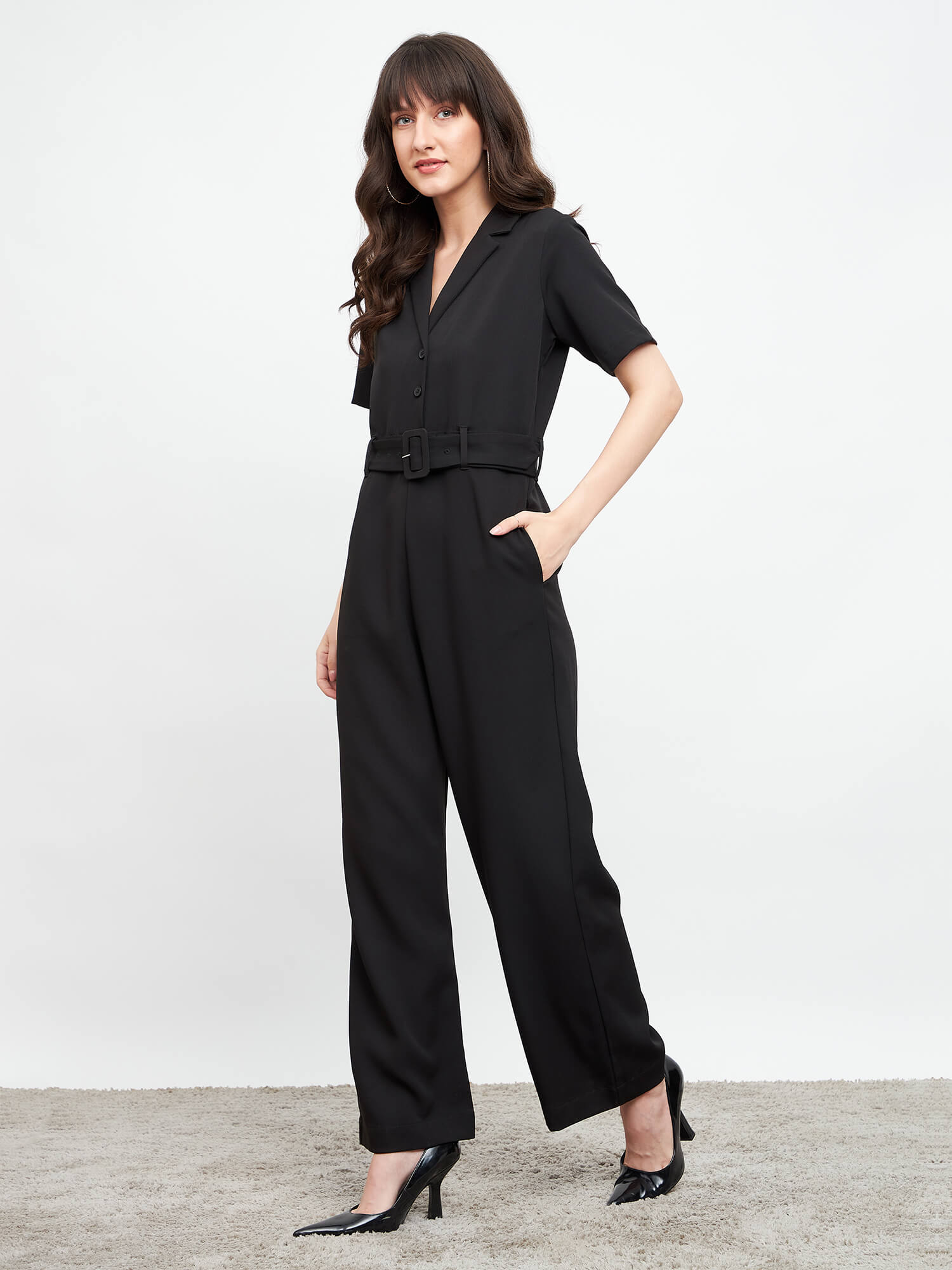 Buy Nightfall Notch Collar Jumpsuit Black Color Jumpsuits for