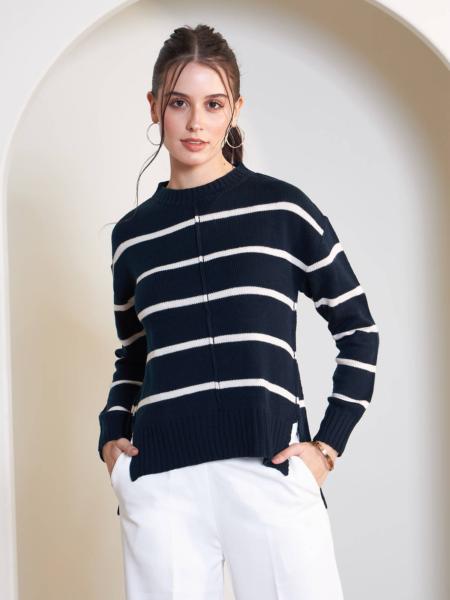 Penelope Striped Knit Sweater - Navy & White