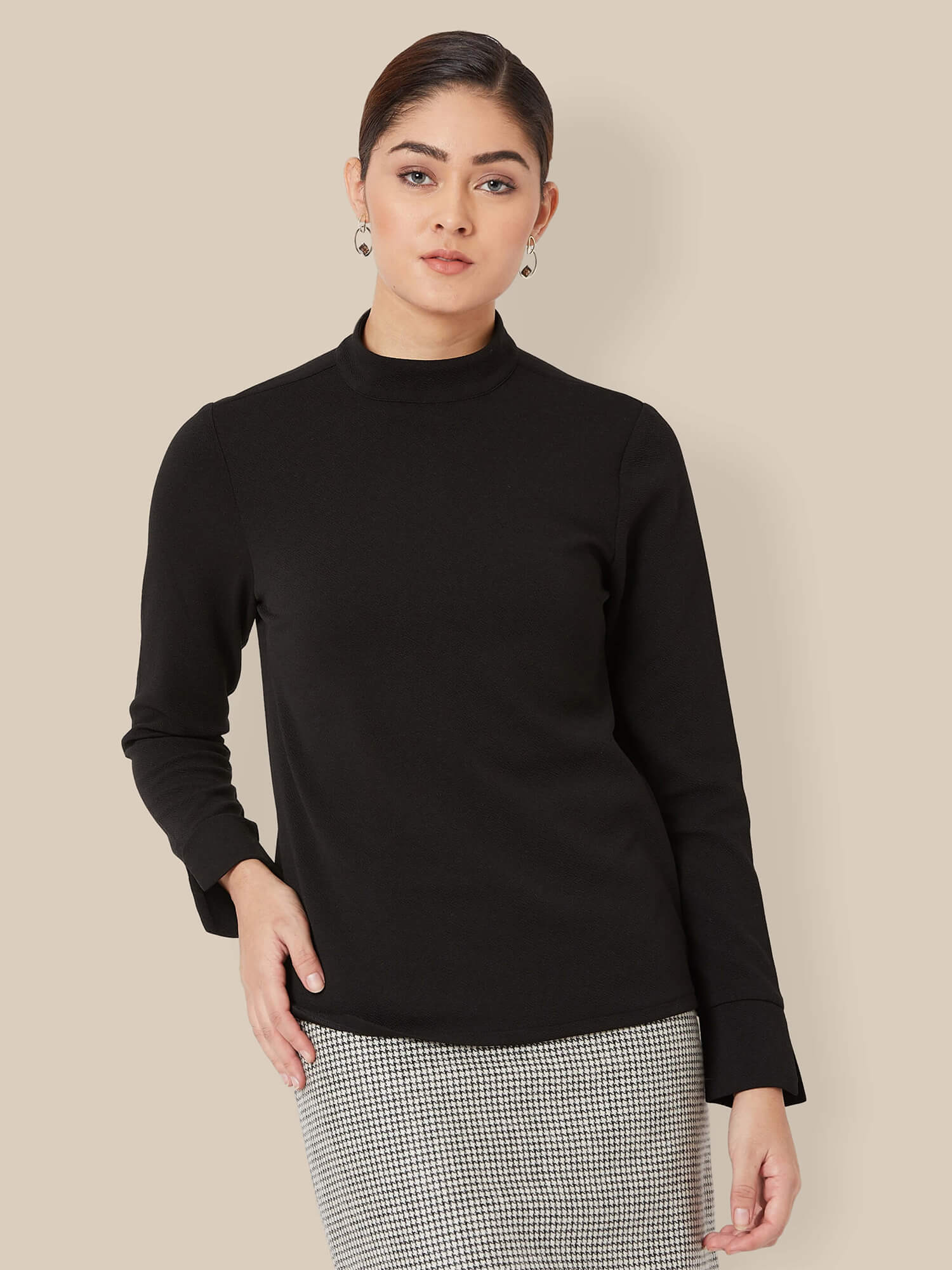 Polar High Neck Slit Cuff Top - Black
