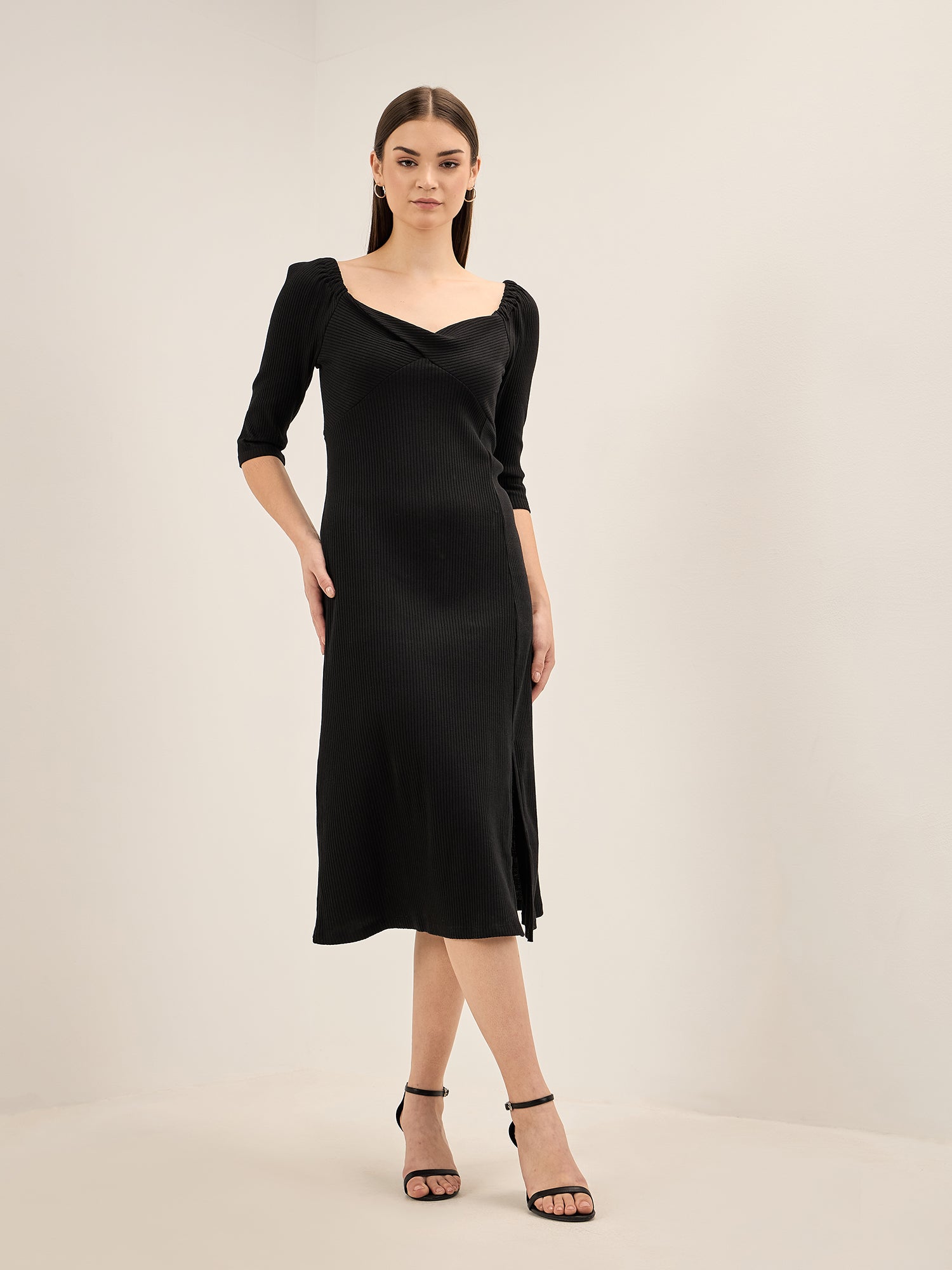 Ramona Twisted Front Rib Knit Dress - Black