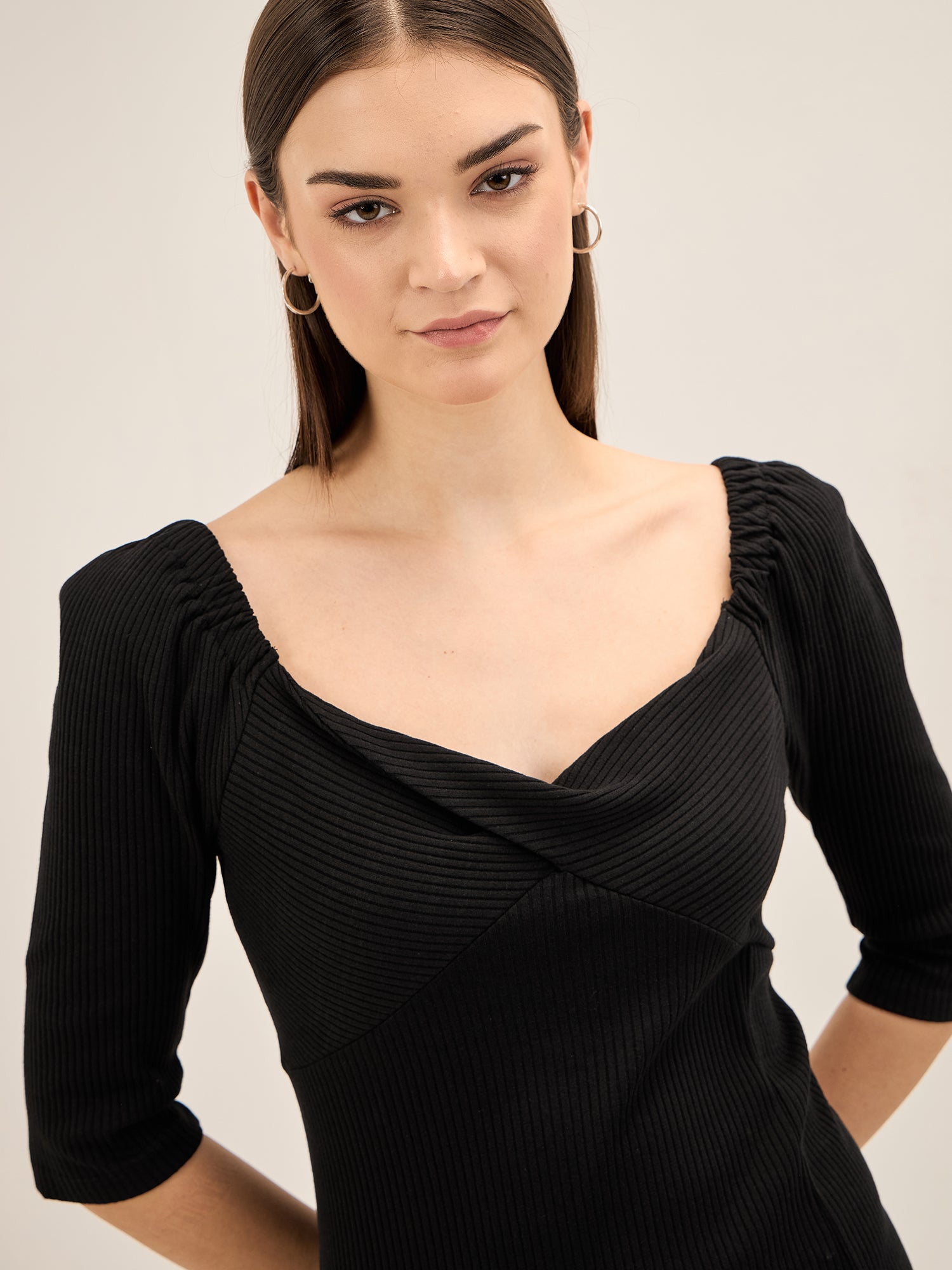 Ramona Twisted Front Rib Knit Dress - Black