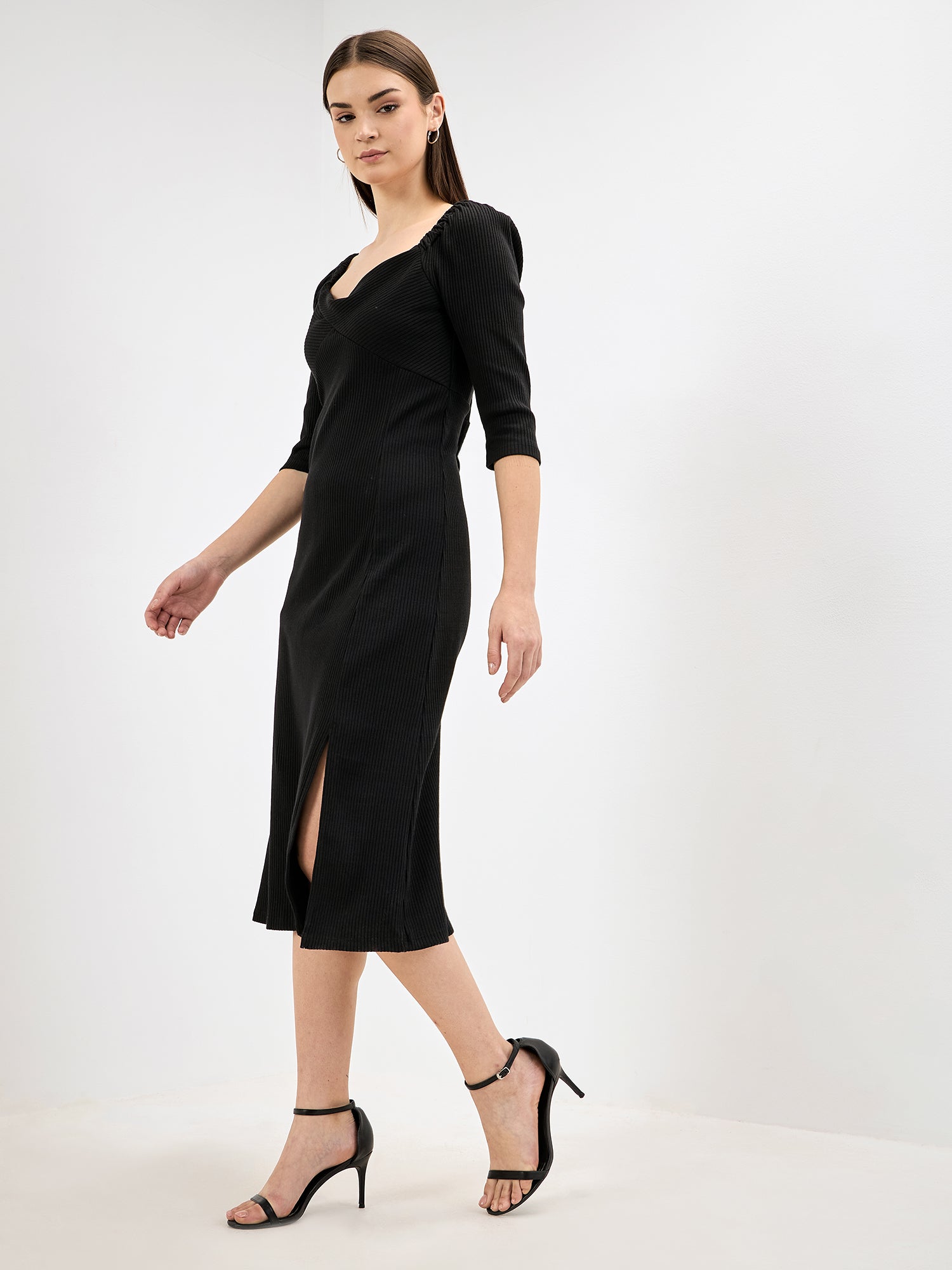 Ramona Twisted Front Rib Knit Dress - Black