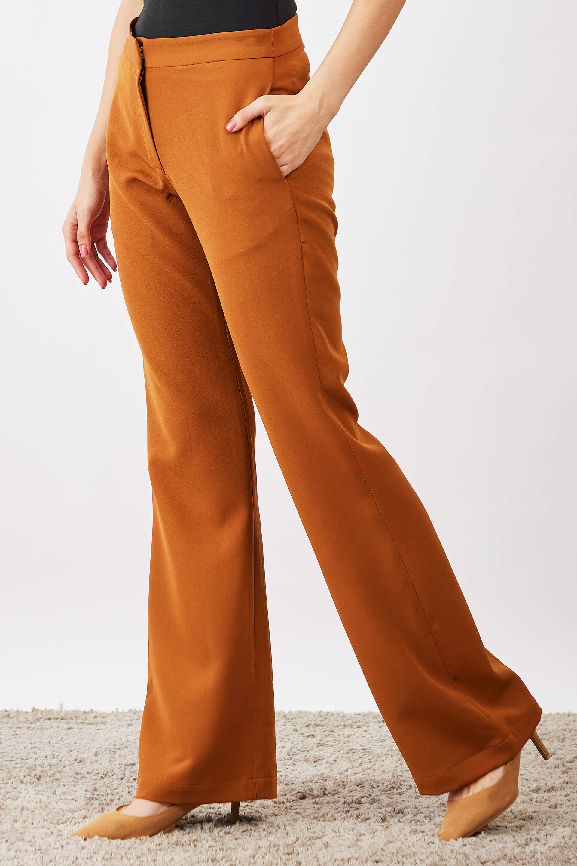 Courteous Flared Mid Rise Pants - Tan Brown