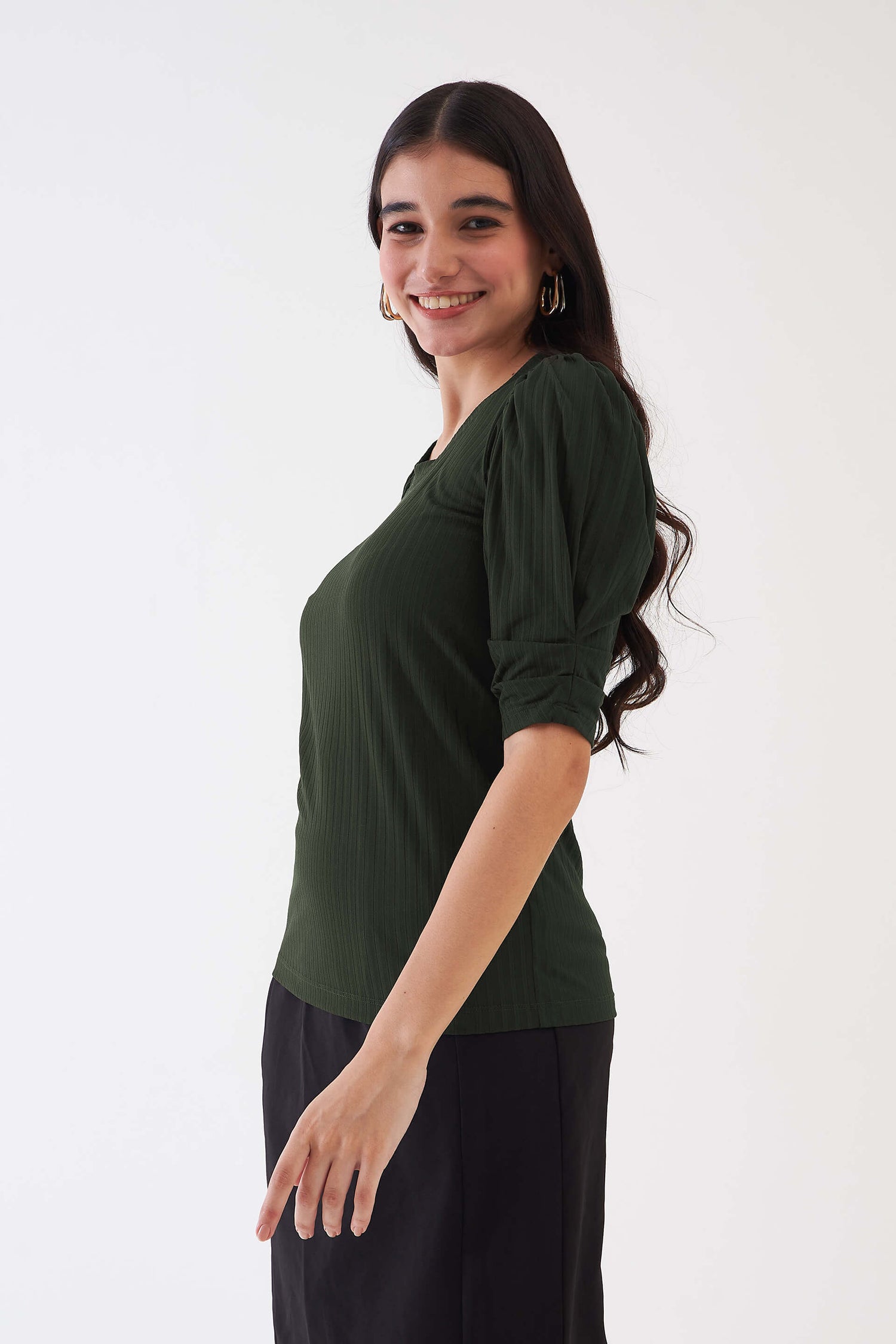 Hallie Rib Knit Puffed Sleeves Top - Olive Green