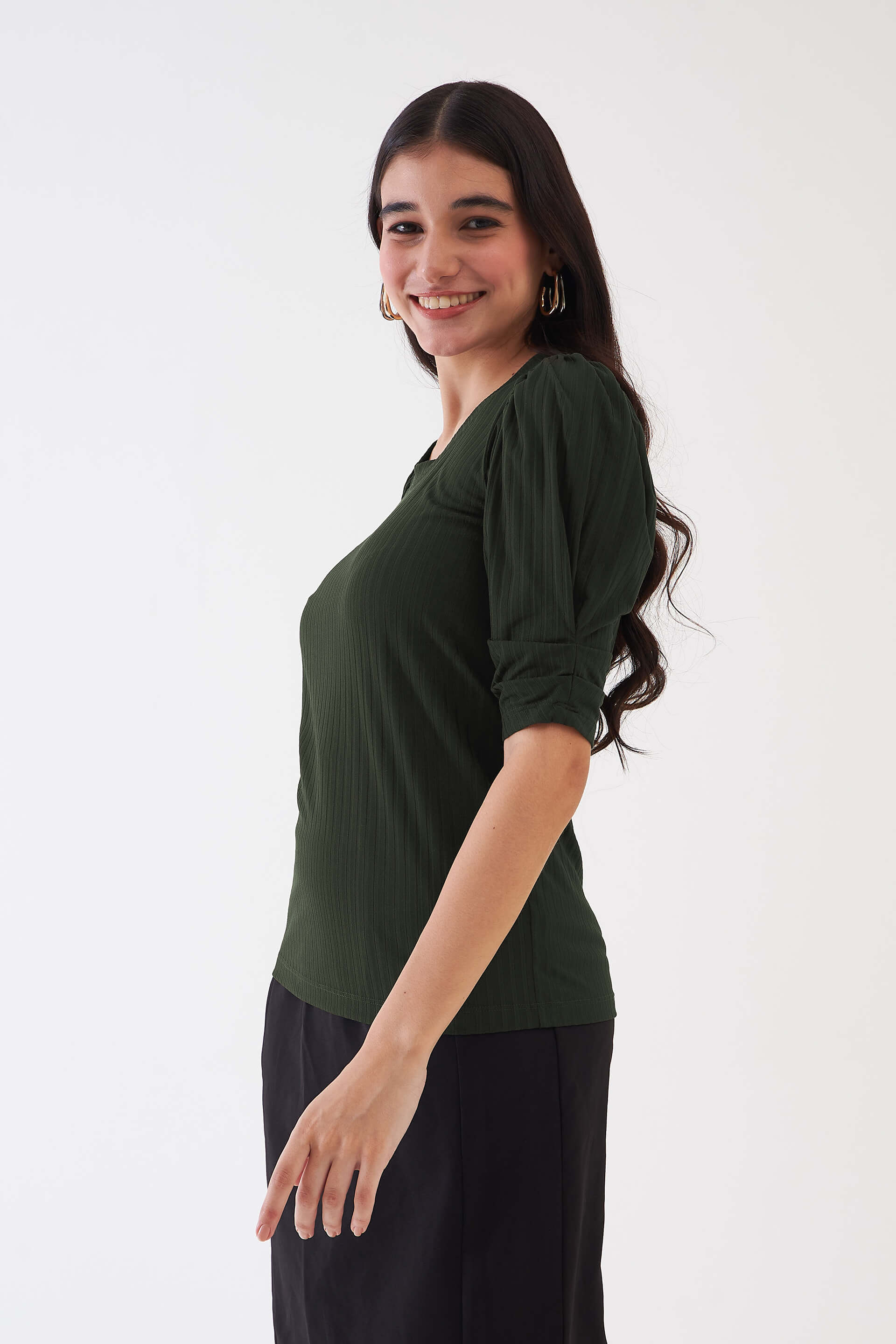 Hallie Rib Knit Puffed Sleeves Top - Olive Green