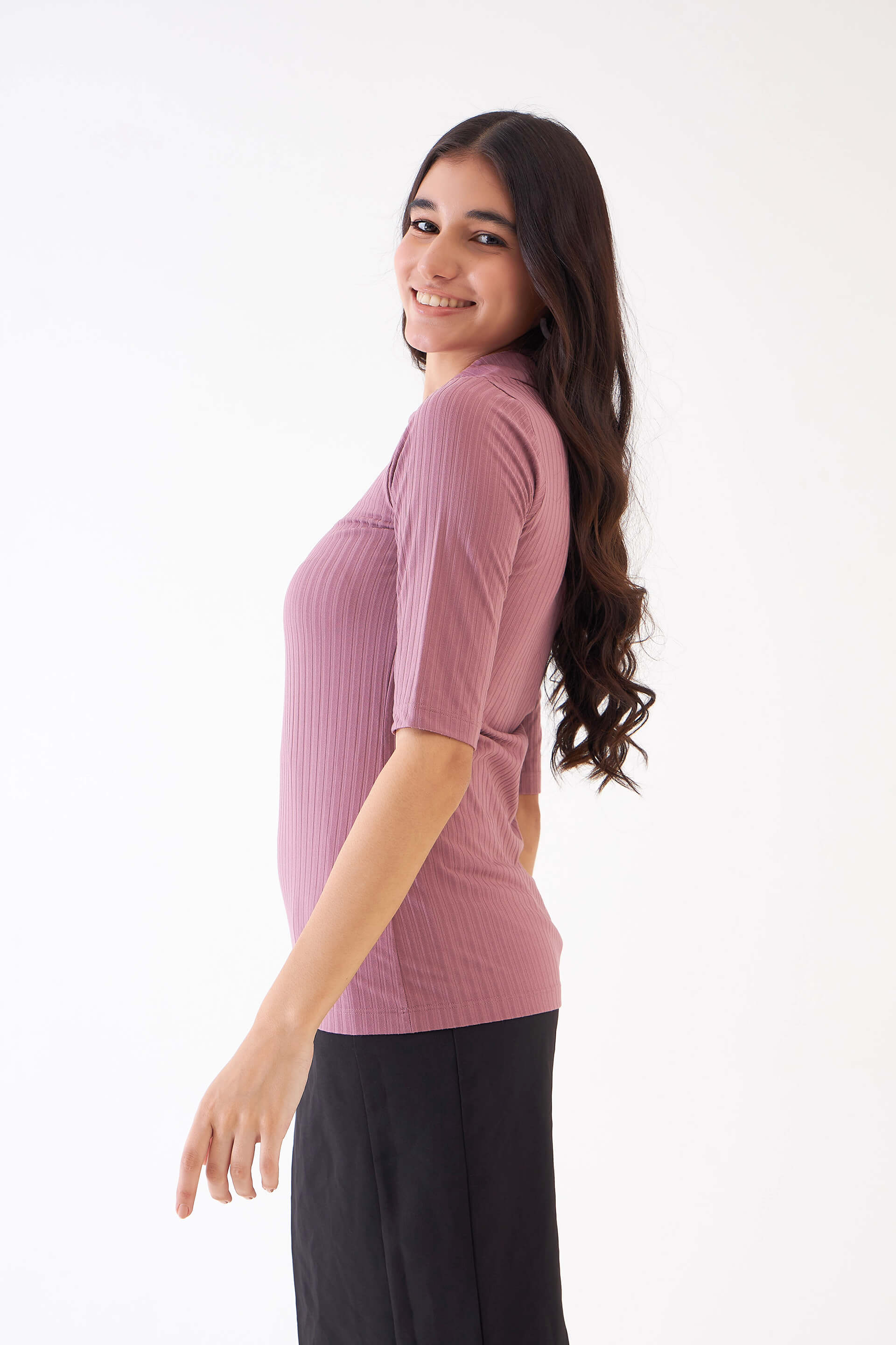Woody Collared Rib Knit Top - Dusty Pink
