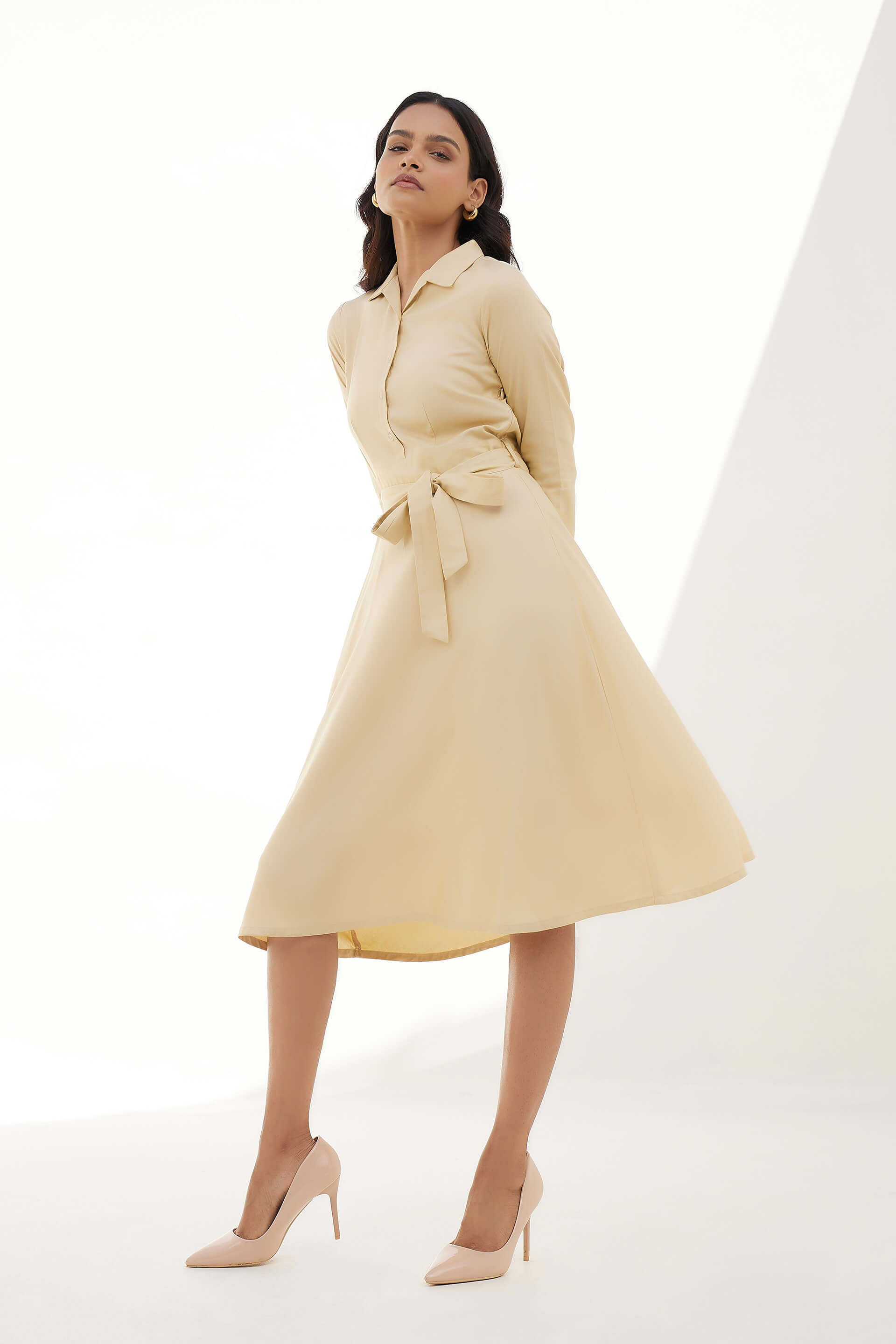 Edith Fit and Flared Shirt Dress - Beige