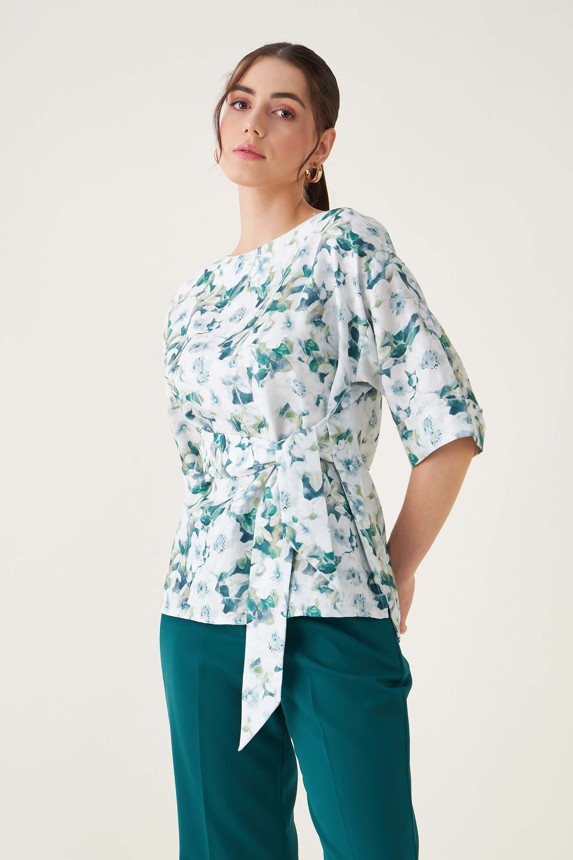 Pixie Floral Belted Top - Green/White