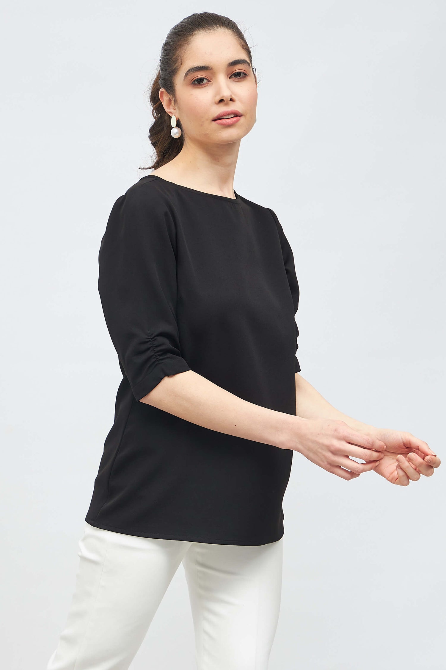 Judicious Ruched Sleeve Top - Black