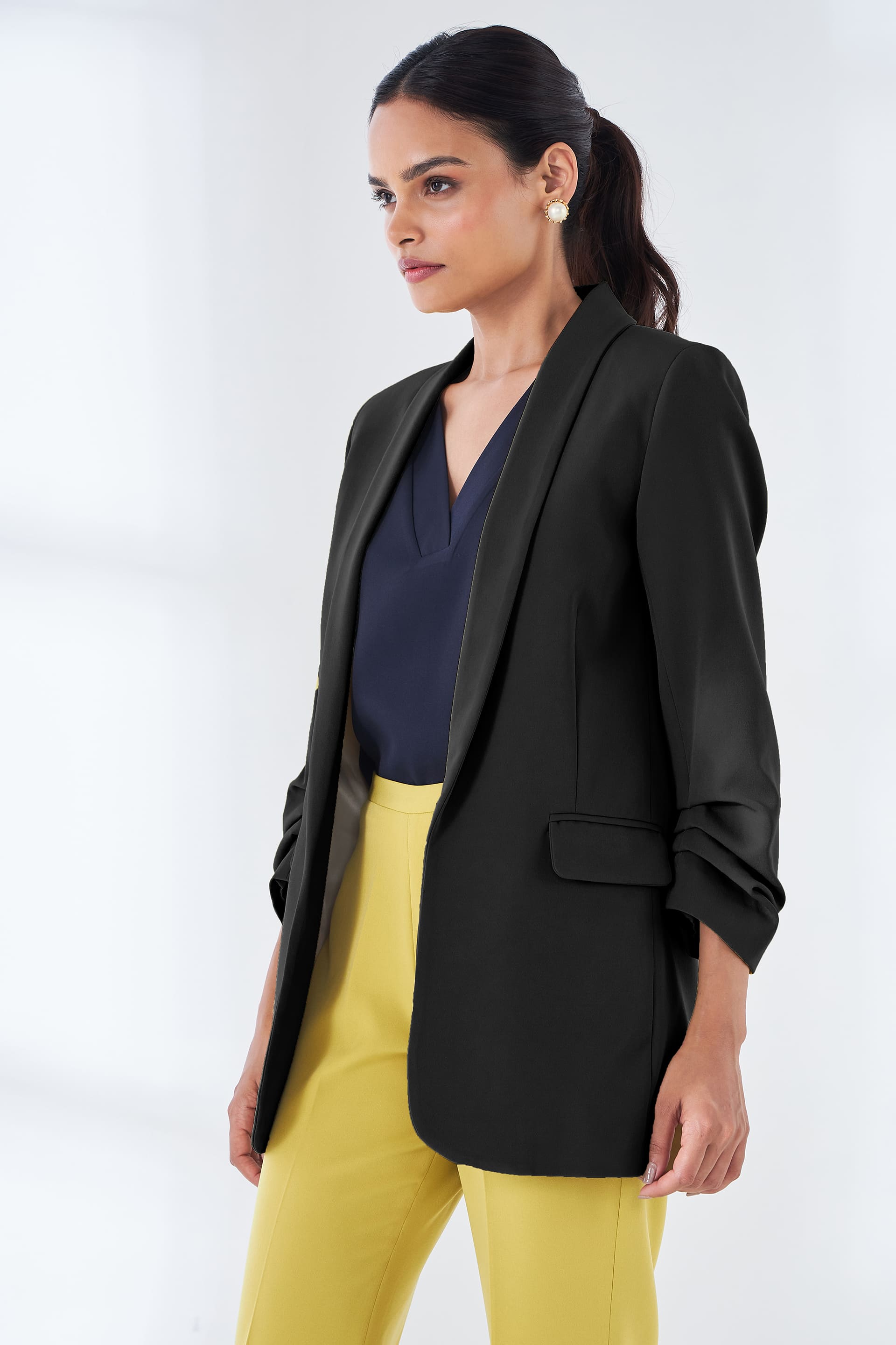 Spunky Ruched Sleeve Blazer - Black