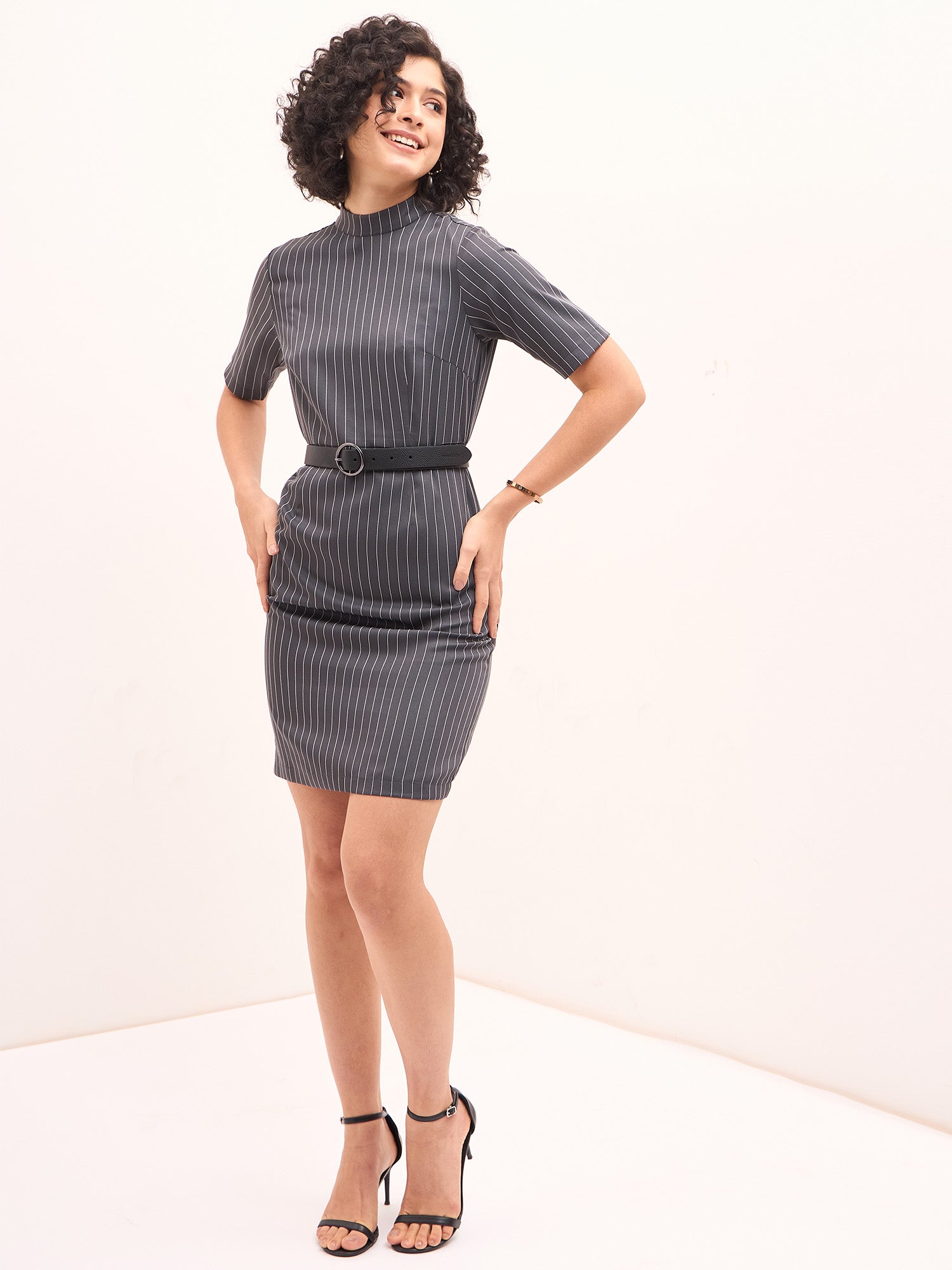 Steel High Neck Sheath Dress - Grey/White