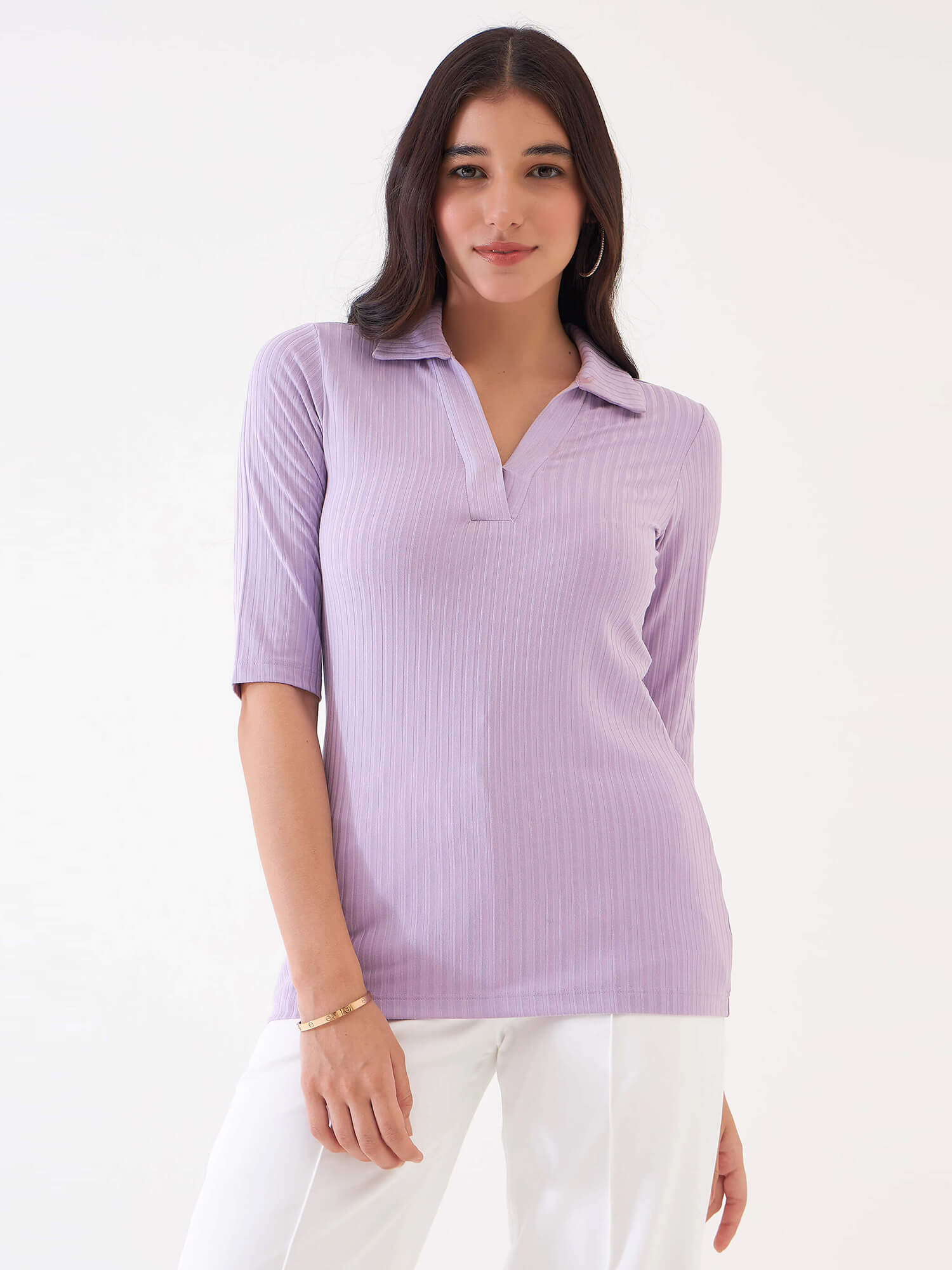 Woody Collared Rib Knit Top - Lilac