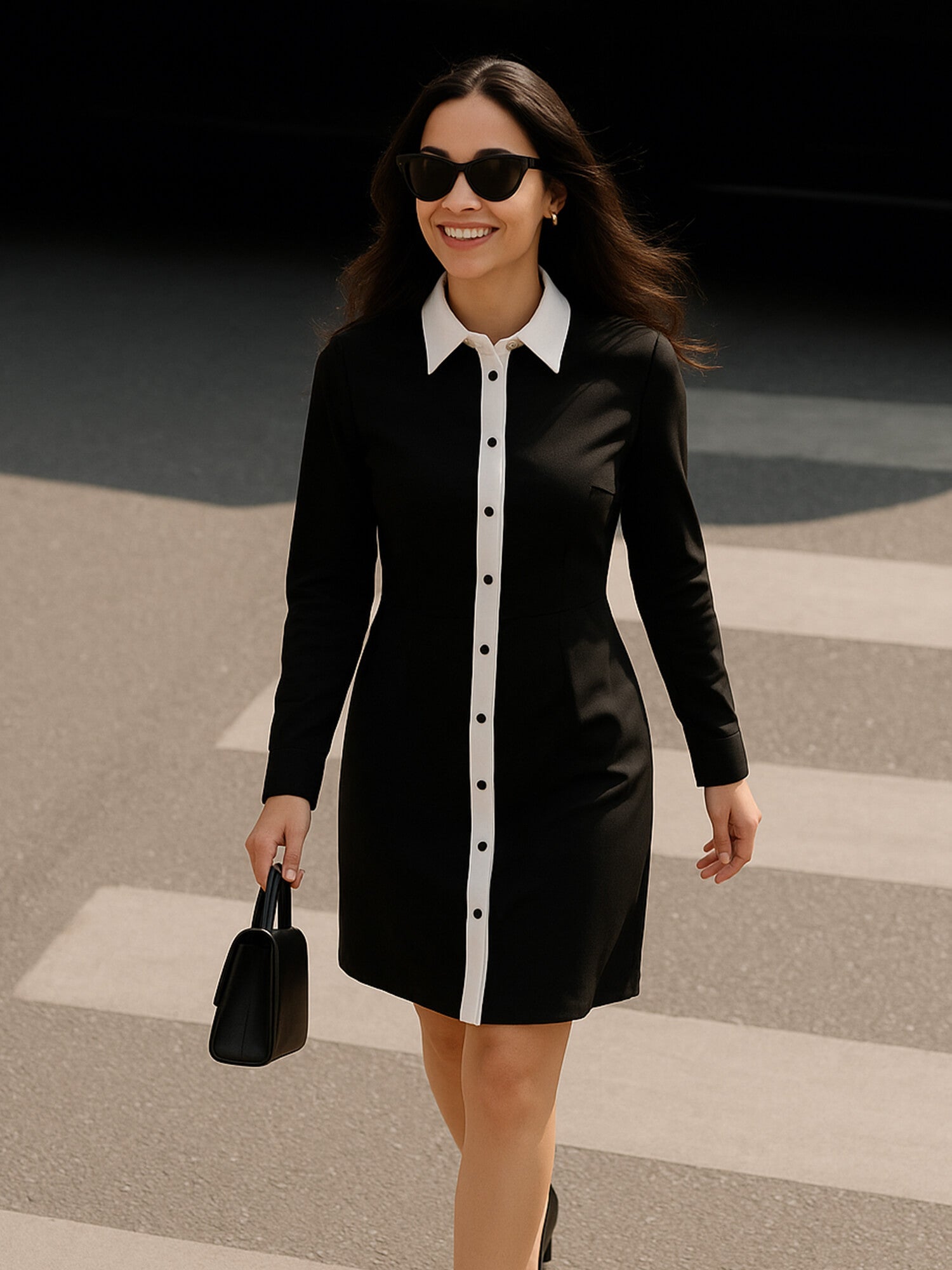 Chelsea Contrast Detail Shift Dress-Black&White