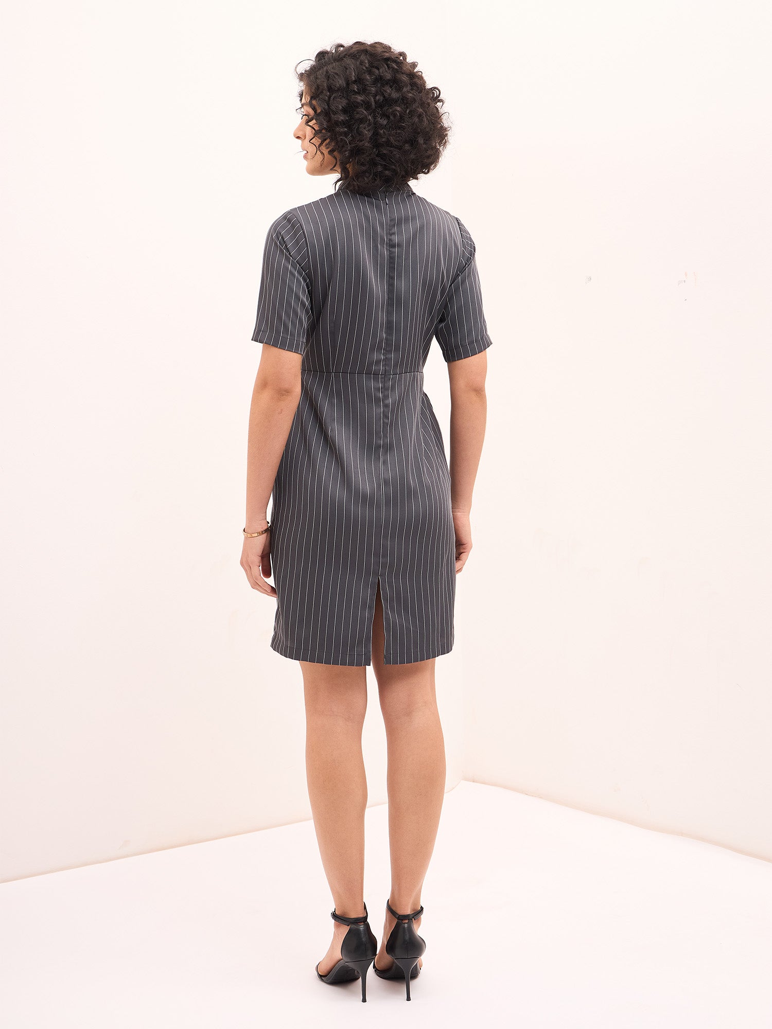 Steel High Neck Sheath Dress - Grey/White