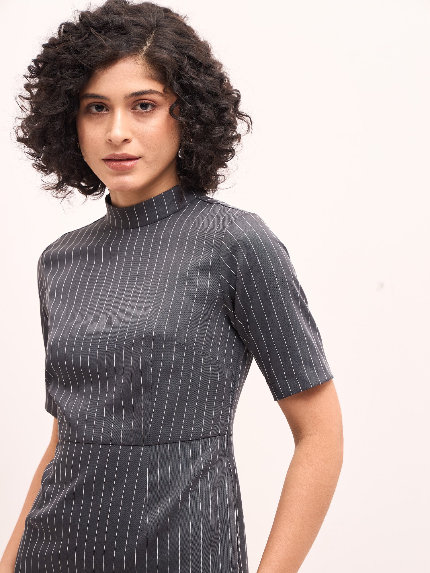 Steel High Neck Sheath Dress - Grey/White