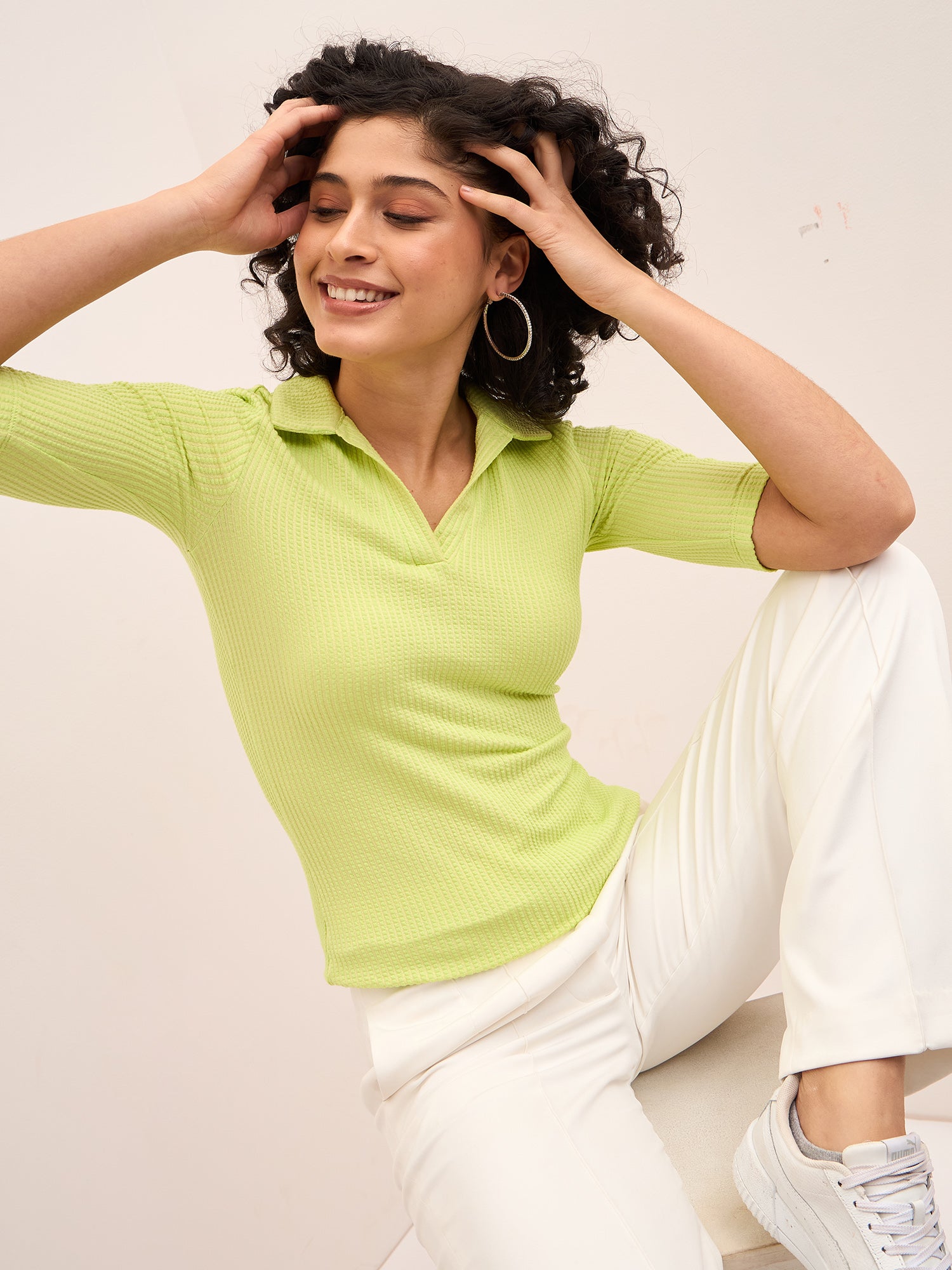 Woody Collared Knit Top - Lime Green