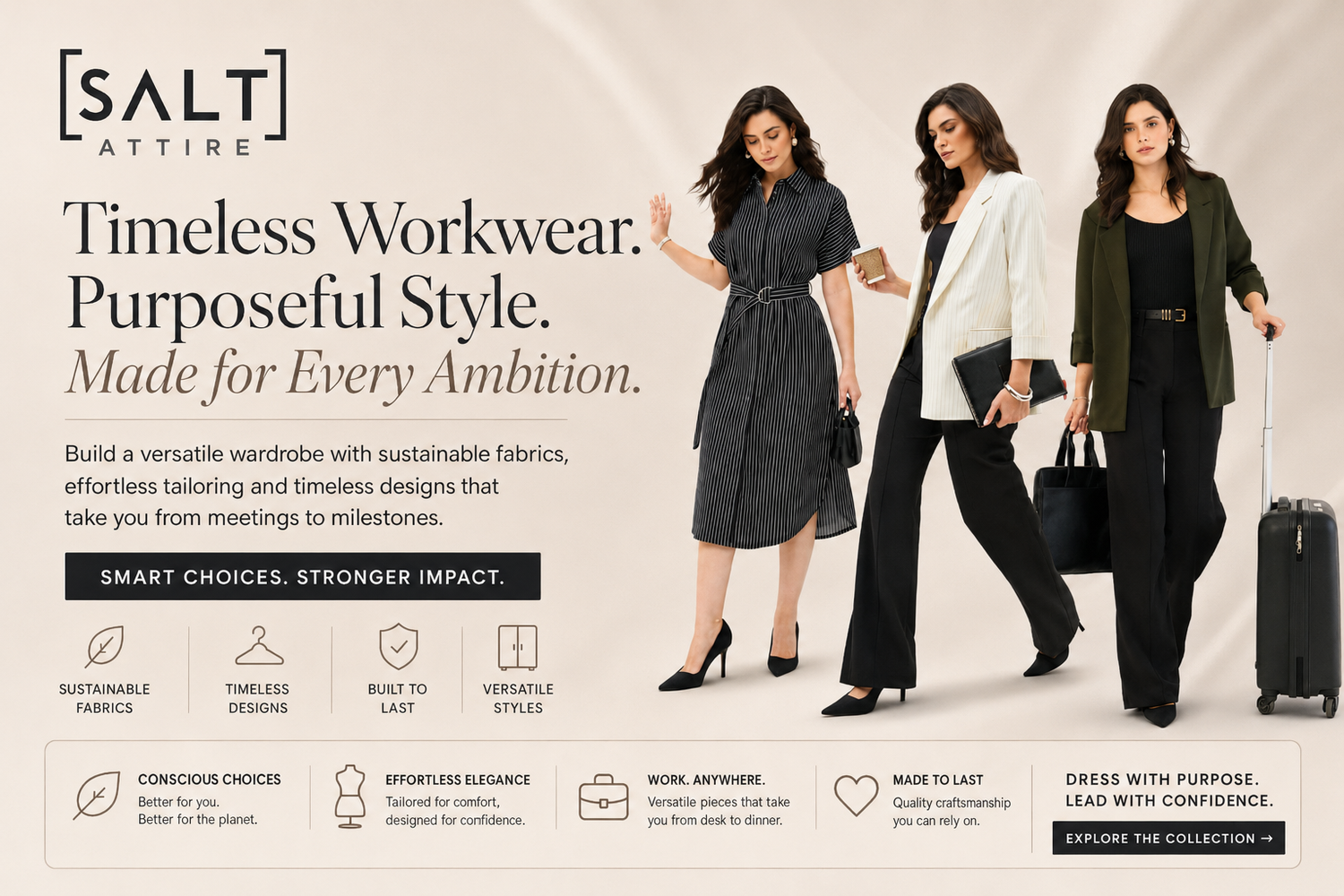 Professional women wearing modern office wear showcasing the latest workwear trends by SALT ATTIRE.