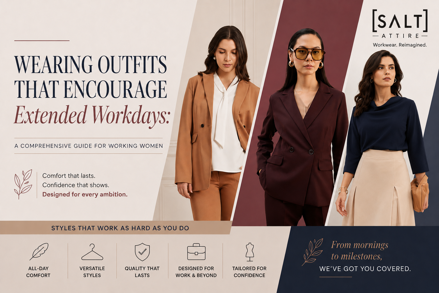 SALT Attire workwear banner with professional women wearing coordinated office outfits and the headline Wearing Outfits That Encourage Extended Workdays.