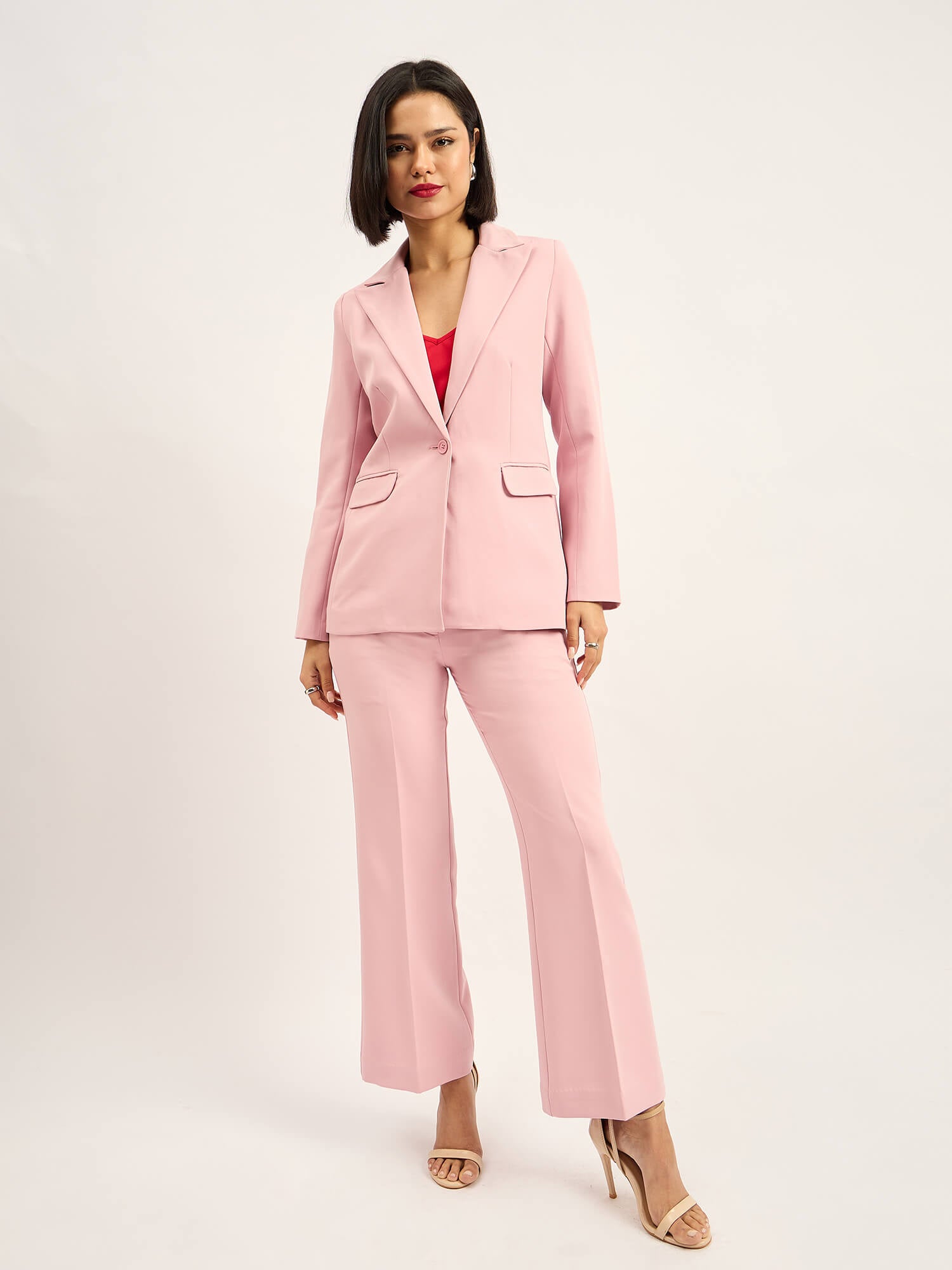 Beloved Single Breasted Blazer with Boot cut Pant Suit Set - Blush Pink