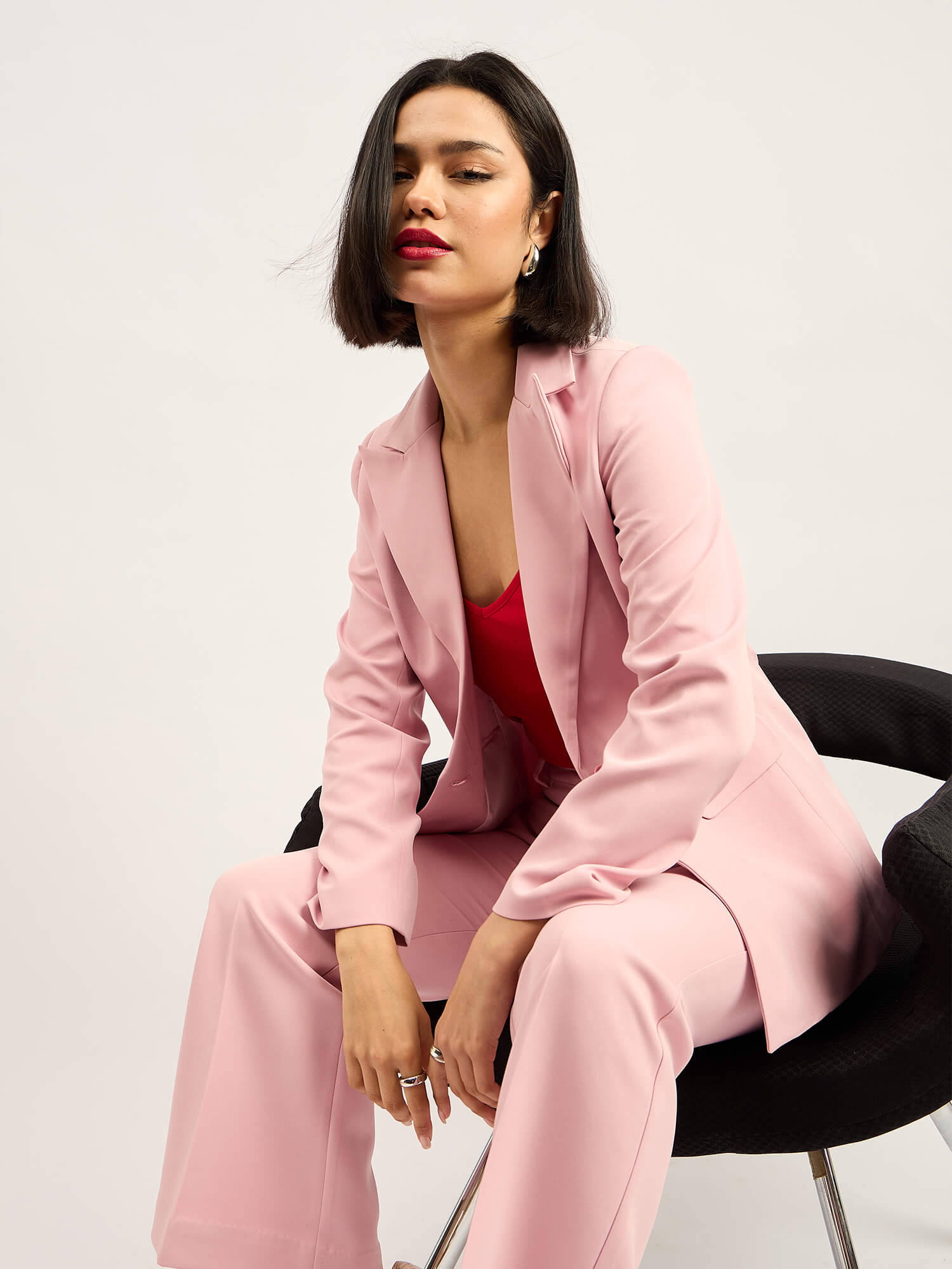 Beloved Single Breasted Blazer with Boot cut Pant Suit Set - Blush Pink