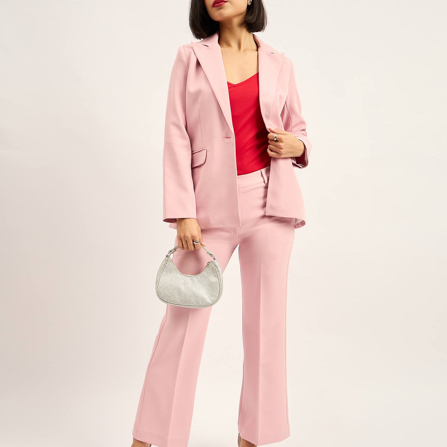 Beloved Single Breasted Blazer with Boot cut Pant Suit Set - Blush Pink