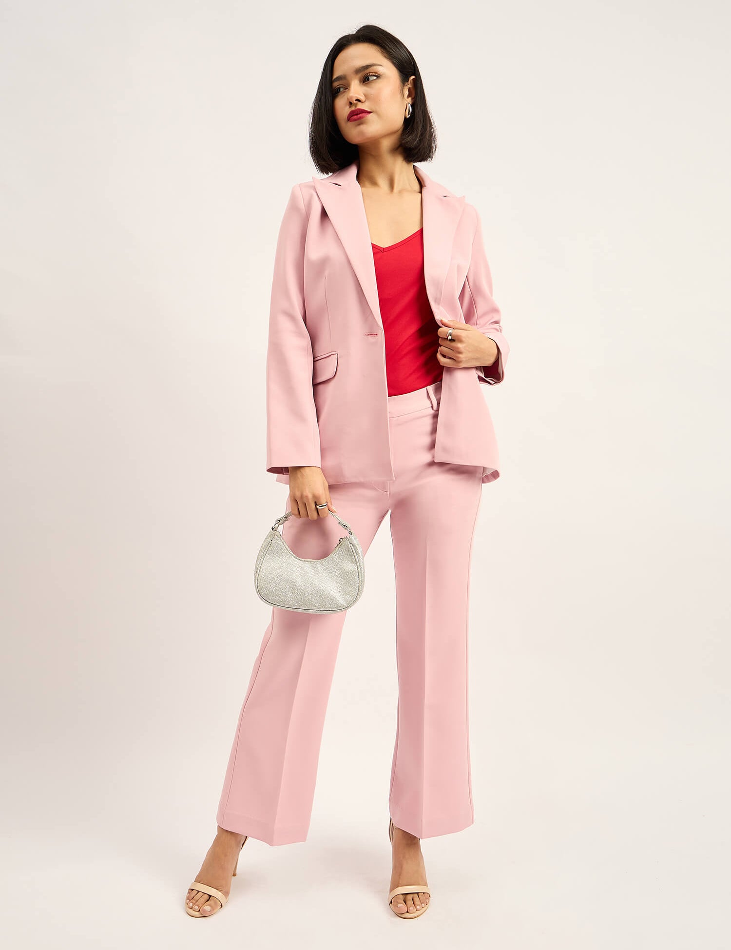 Beloved Single Breasted Blazer with Boot cut Pant Suit Set - Blush Pink