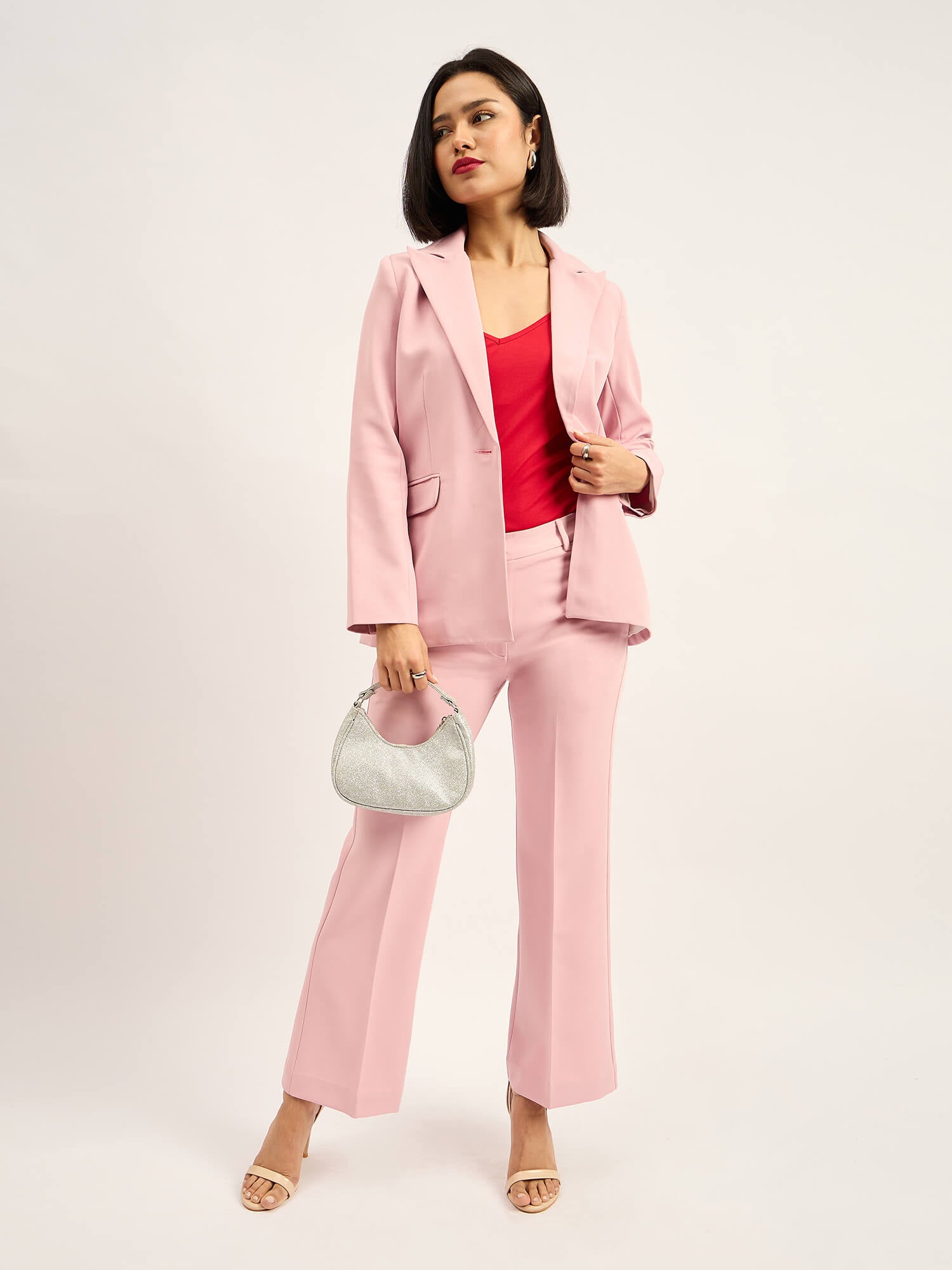 Beloved Single Breasted Blazer with Boot cut Pant Suit Set - Blush Pink